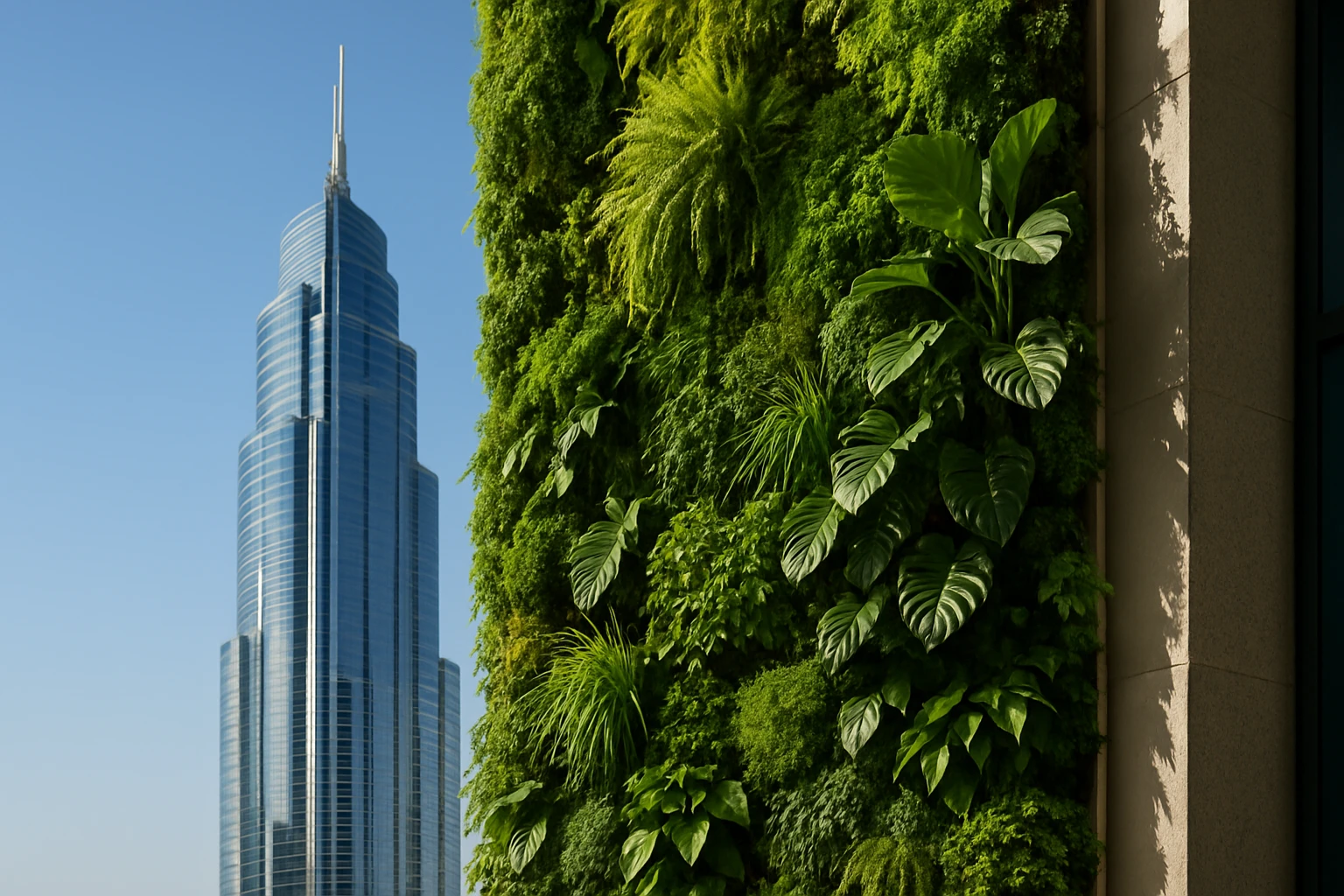 A lush vertical garden adorns the side of a skyscraper in Dubai, showcasing vivid green plants thriving against the backdrop of modern glass architecture and a clear blue sky.