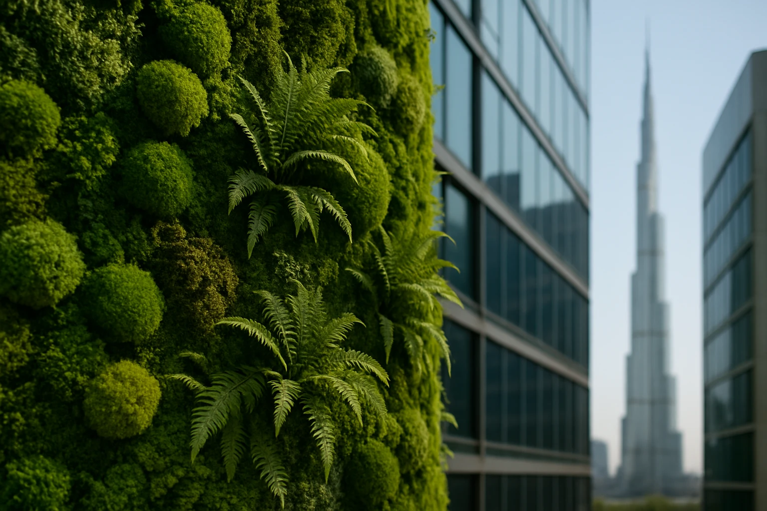 A close-up of a textured green wall in Dubai, showcasing a variety of mosses and ferns intricately interwoven, set against the sleek, contemporary lines of a glass-covered building with the iconic Burj Khalifa visible in the distance.