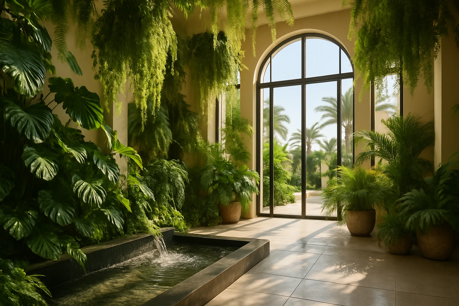 A lush indoor garden with cascading greenery, sunlight streaming through large windows, and a water feature creating a tranquil ambiance, set in a luxurious Dubai home, showcasing biophilic design elements.