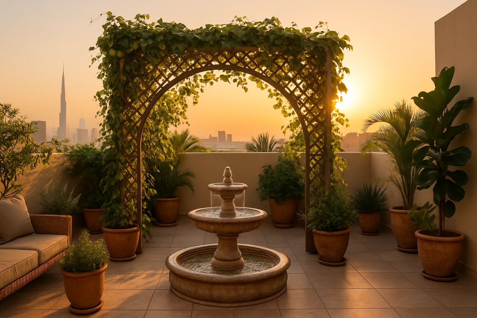 A serene rooftop patio in a Dubai home featuring a trellis adorned with climbing vines, complemented by strategically placed potted plants and a small, elegant stone fountain, all bathed in the warm glow of the setting sun, highlighting the essence of biophilic design.