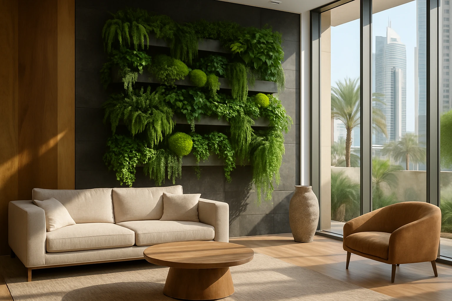 Vertical gardens cascade down a sleek, modern wall in a Dubai living room, surrounded by floor-to-ceiling windows that illuminate the space with natural light, highlighting the smooth, organic textures of wood and stone decor.