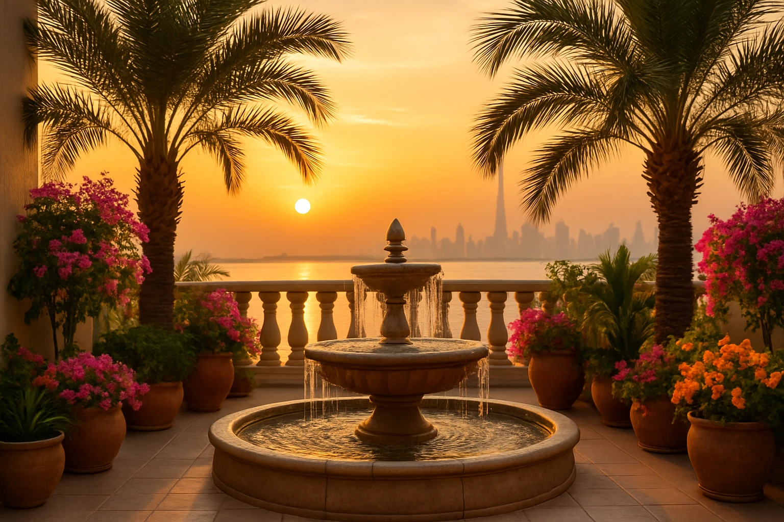 A serene Dubai balcony oasis featuring a tranquil water fountain surrounded by lush, potted palm trees and vibrant flowering plants, all bathed in the golden glow of sunset.