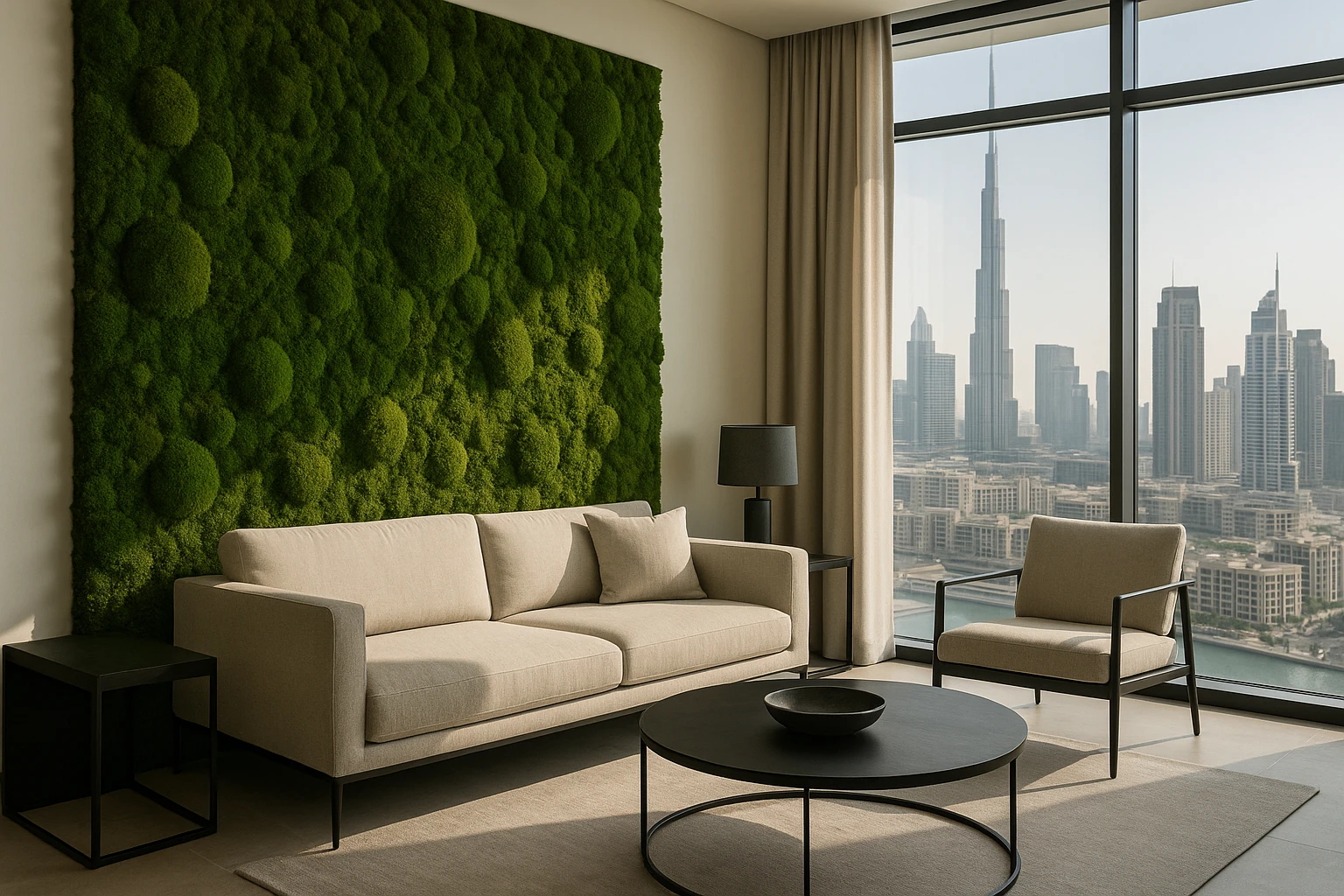 A lush, preserved moss wall installation in a modern Dubai living room featuring sleek, minimalist furniture and large glass windows framing an urban skyline.