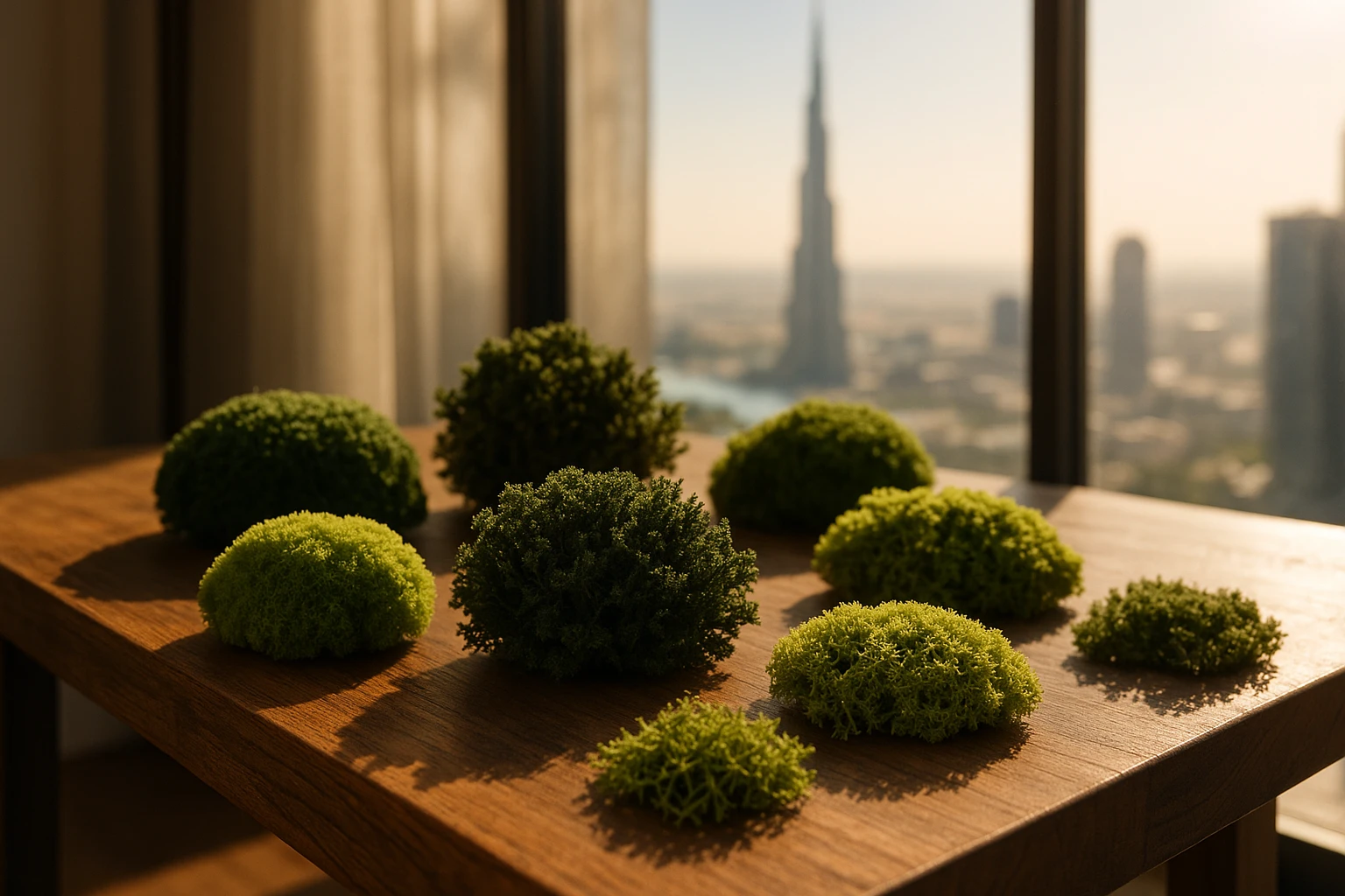 A close-up of various preserved moss samples, elegantly displayed on a wooden table with sunlight streaming through a nearby window, and the iconic Burj Khalifa visible in the distance through the glass.