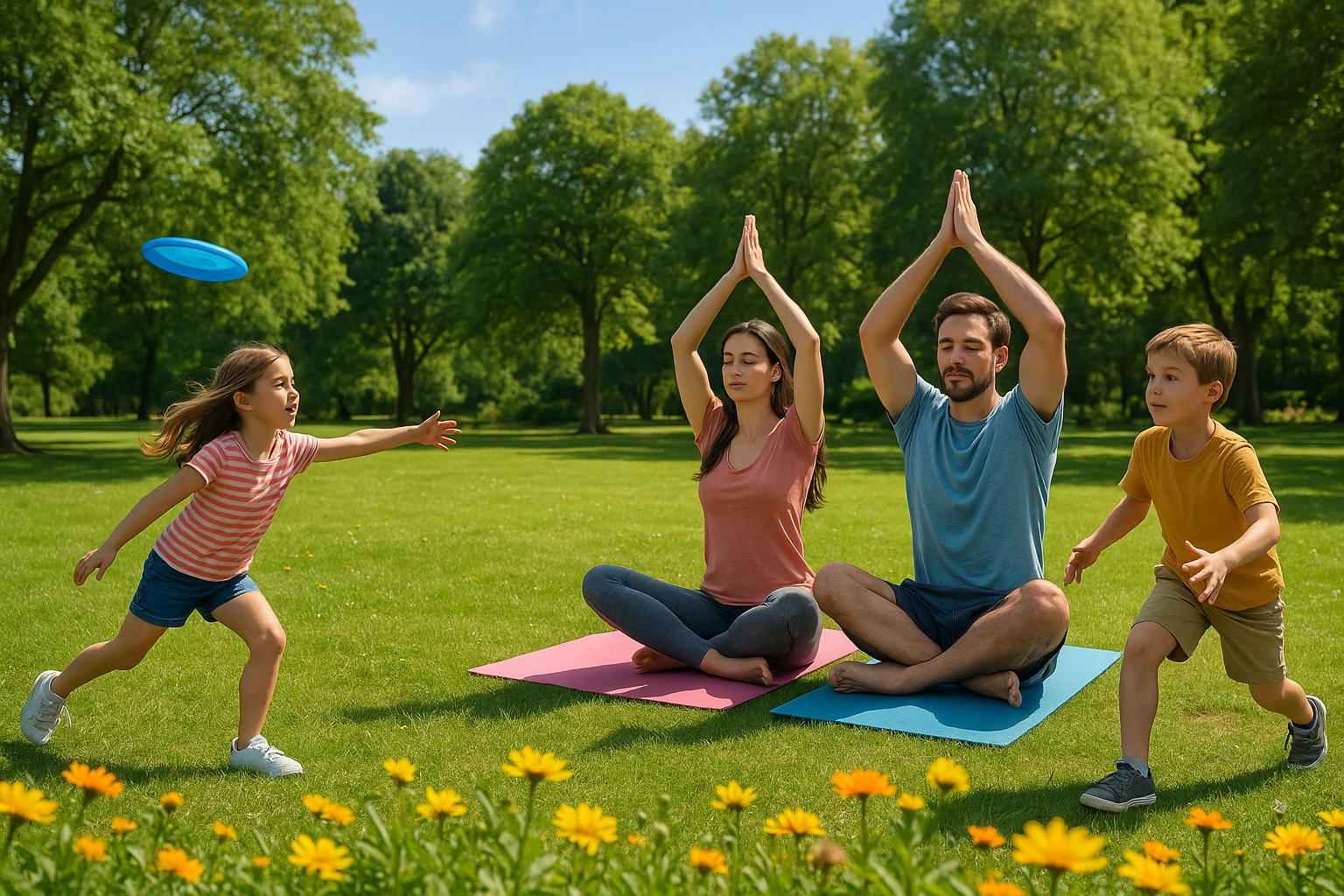 A family playing together in a sunny park, with children tossing a frisbee and parents doing yoga on colorful mats surrounded by lush greenery and cheerful flowers.