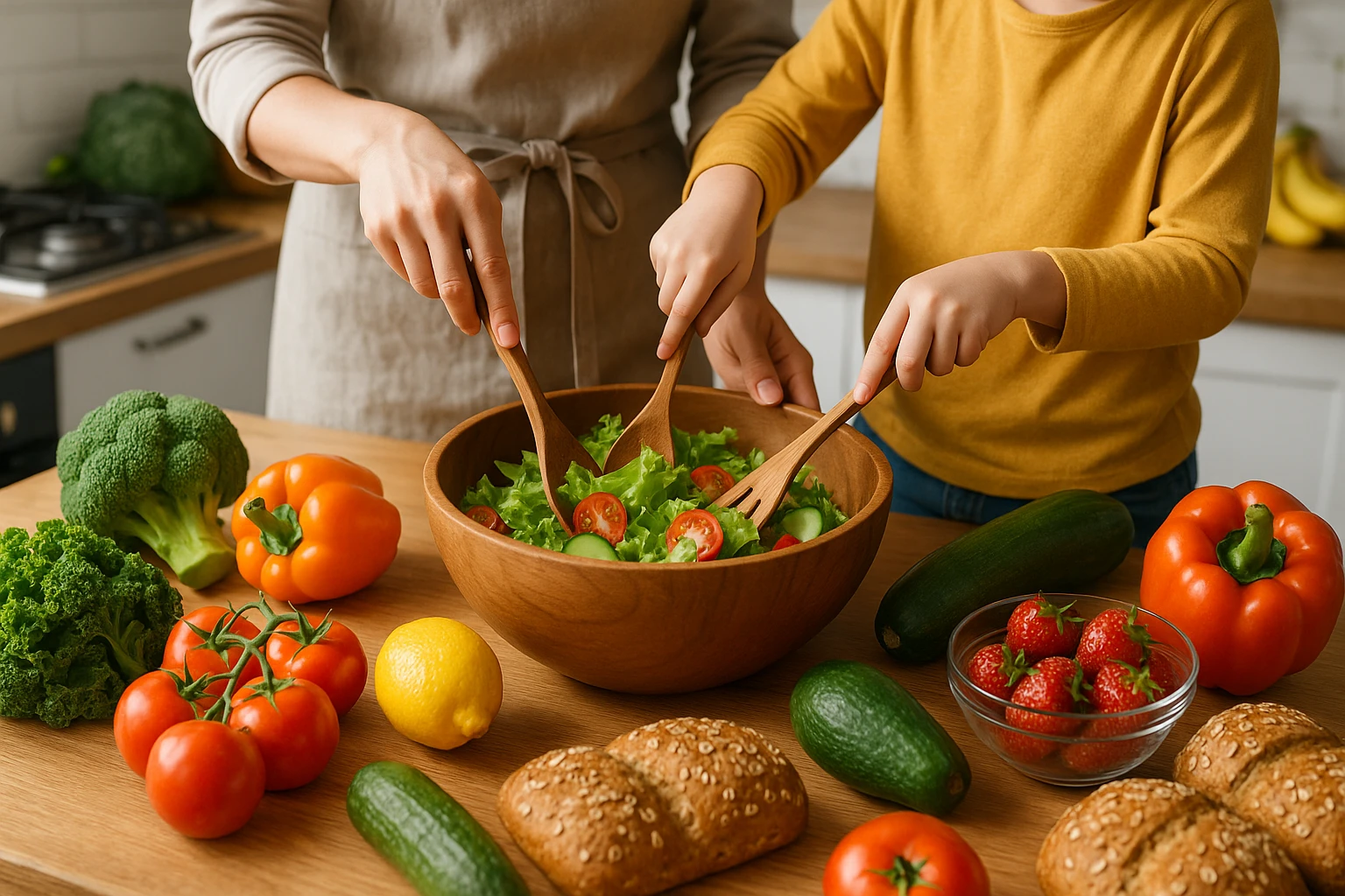 A vibrant kitchen scene with a variety of colorful fruits, vegetables, and whole grain bread arranged on a wooden countertop, with a parent and child hands preparing a fresh salad using a wooden bowl and utensils.