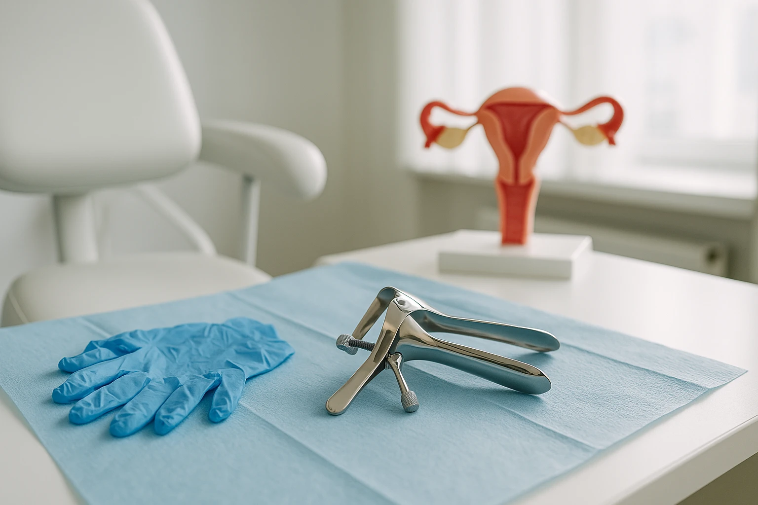 A close-up of a gynecologist's examination table in a brightly lit medical office, featuring a speculum and gloves neatly arranged on a sterile, blue paper sheet, with a model of a female reproductive system in the background.