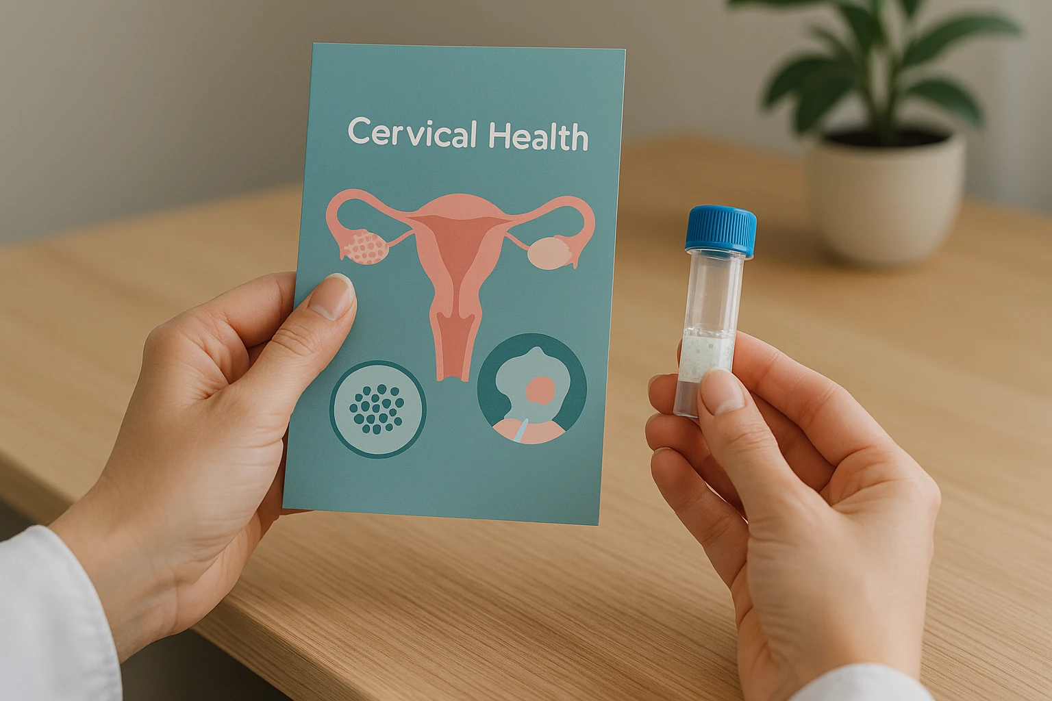 A close-up of a female patient's hand holding a brochure about cervical health, alongside a small vial containing preserved cells for examination, set against a light wooden doctor's desk with a plant in the background.
