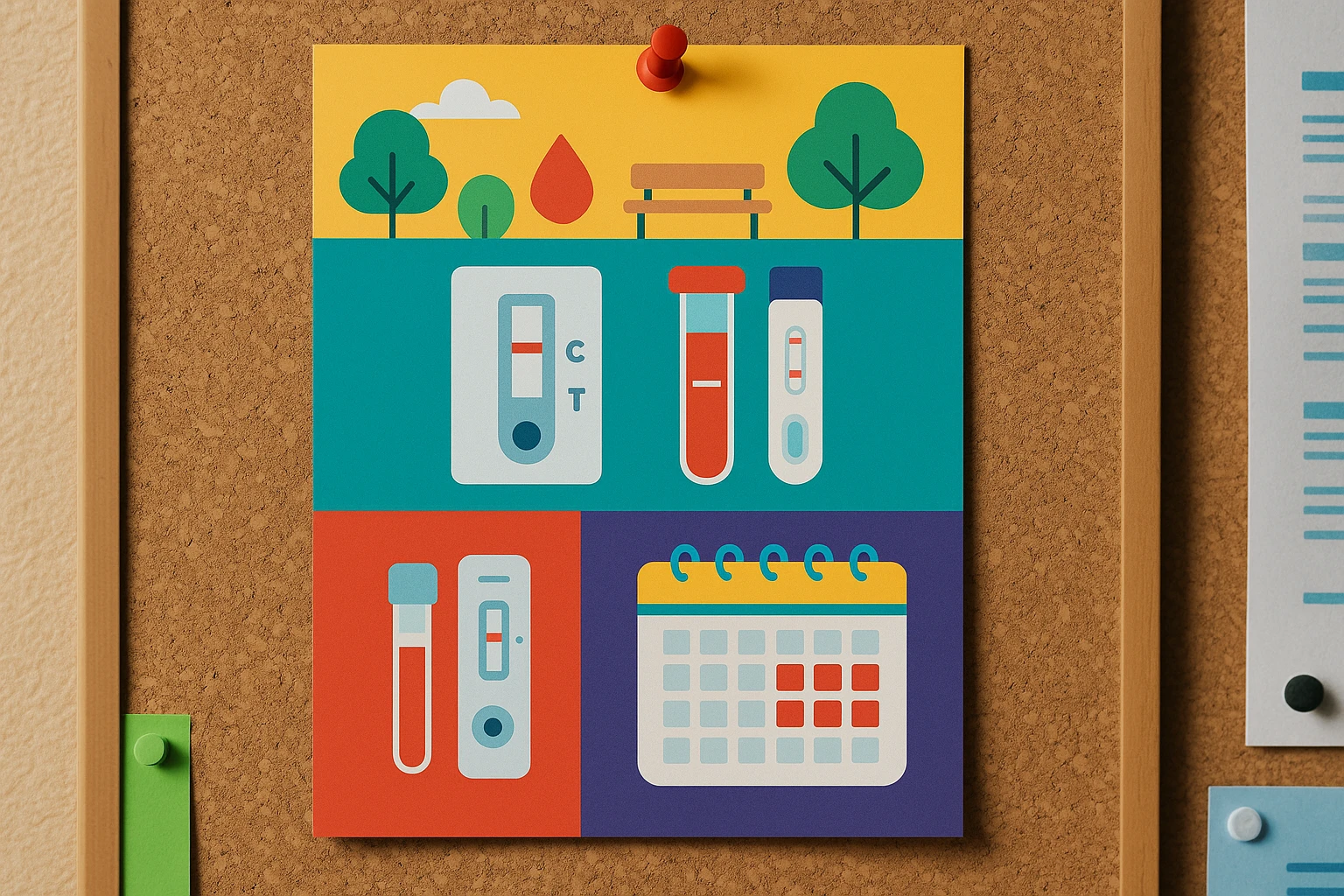 A brightly colored health clinic flyer on a community bulletin board, featuring icons of testing kits and a calendar highlighting campaign dates for free STD testing in a local park.