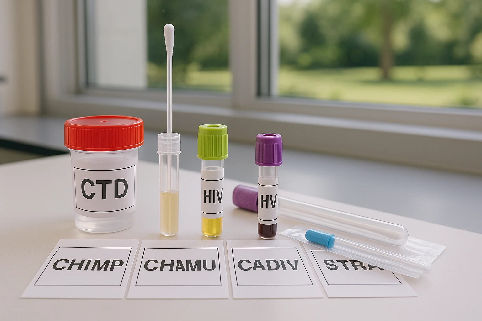 A medical lab table with various STD testing kits neatly arranged, showing labels and colorful vials, with a window in the background revealing a serene garden view.