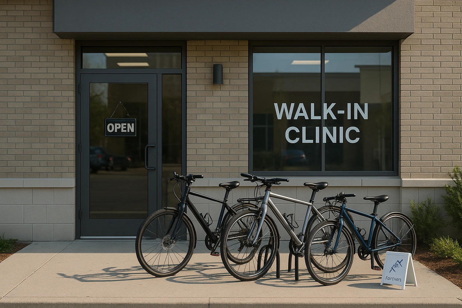 A walk-in clinic exterior with a clear
