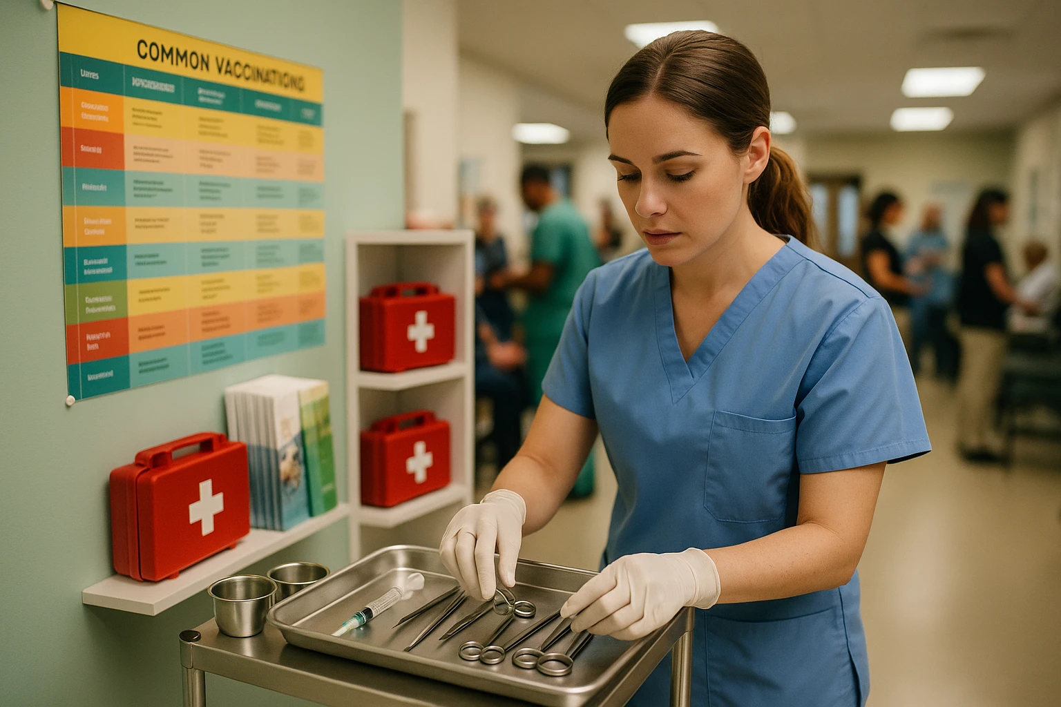 Inside a bustling walk-in clinic, a nurse organizes medical instruments on a tray; nearby, a brightly colored wall chart displays information about common vaccinations, and a shelf is stocked with neatly arranged first-aid kits and wellness brochures.