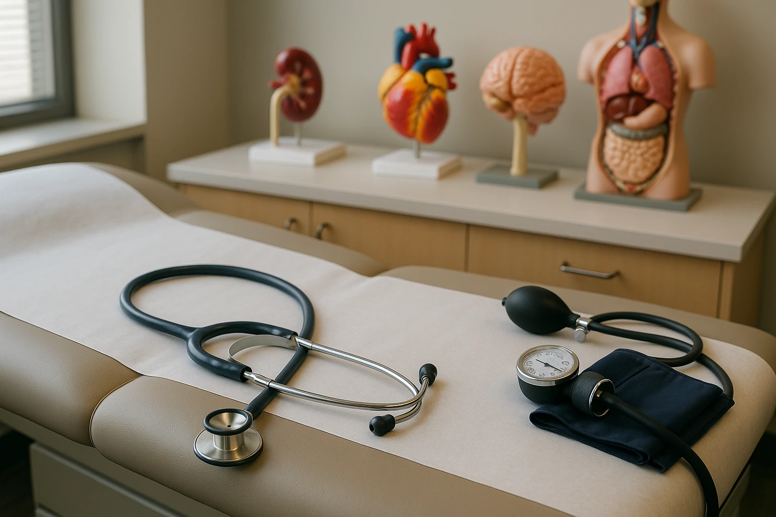 A doctor's office examination room featuring a stethoscope draped over a plush, padded examination table beside an array of colorful anatomical models and a blood pressure cuff.