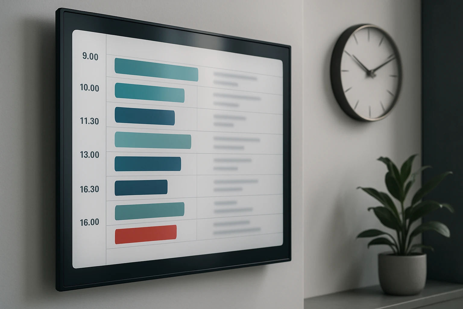A close-up of a digital wall display in a doctor's office showing a dynamic schedule, surrounded by sleek, modern decor with a stylish clock and potted plant in the background.