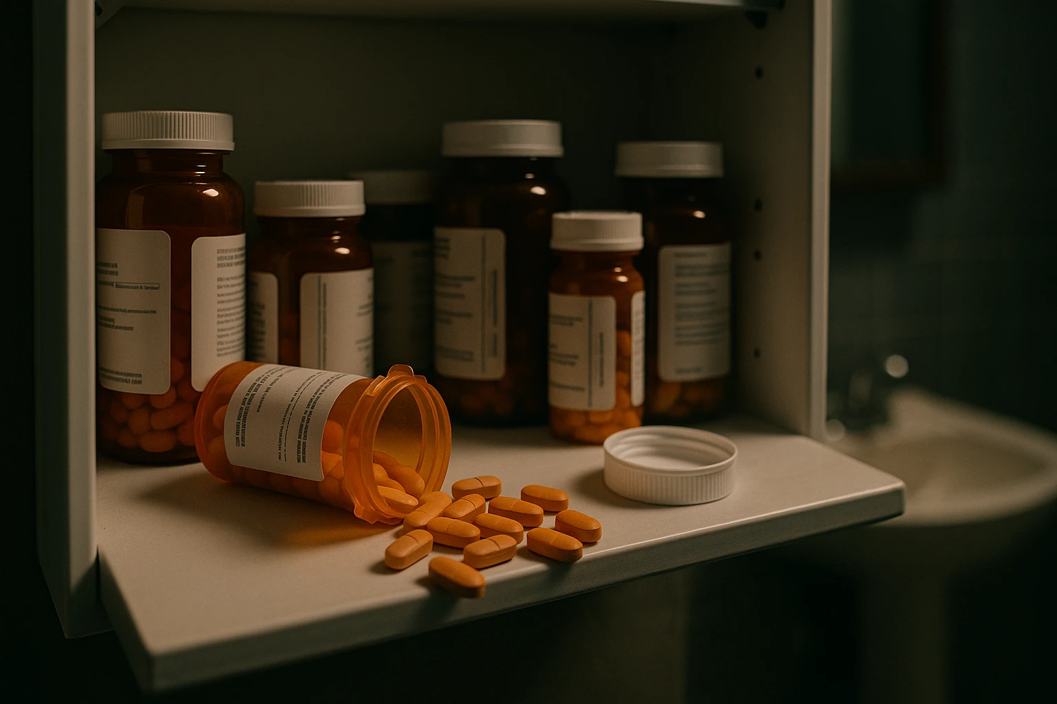 A close-up of a medicine cabinet filled with various prescription bottles, some tipped over with pills spilling out, against the backdrop of a dimly lit bathroom to highlight the personal and domestic nature of substance abuse.