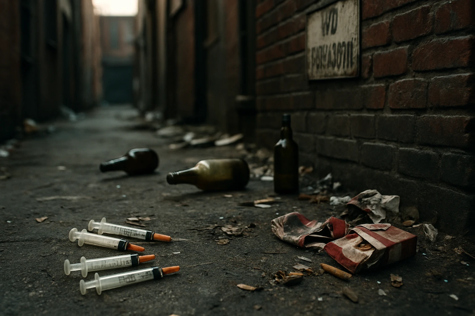 A cluttered alleyway featuring discarded syringes, empty bottles, and crumpled cigarette packs, with a weathered