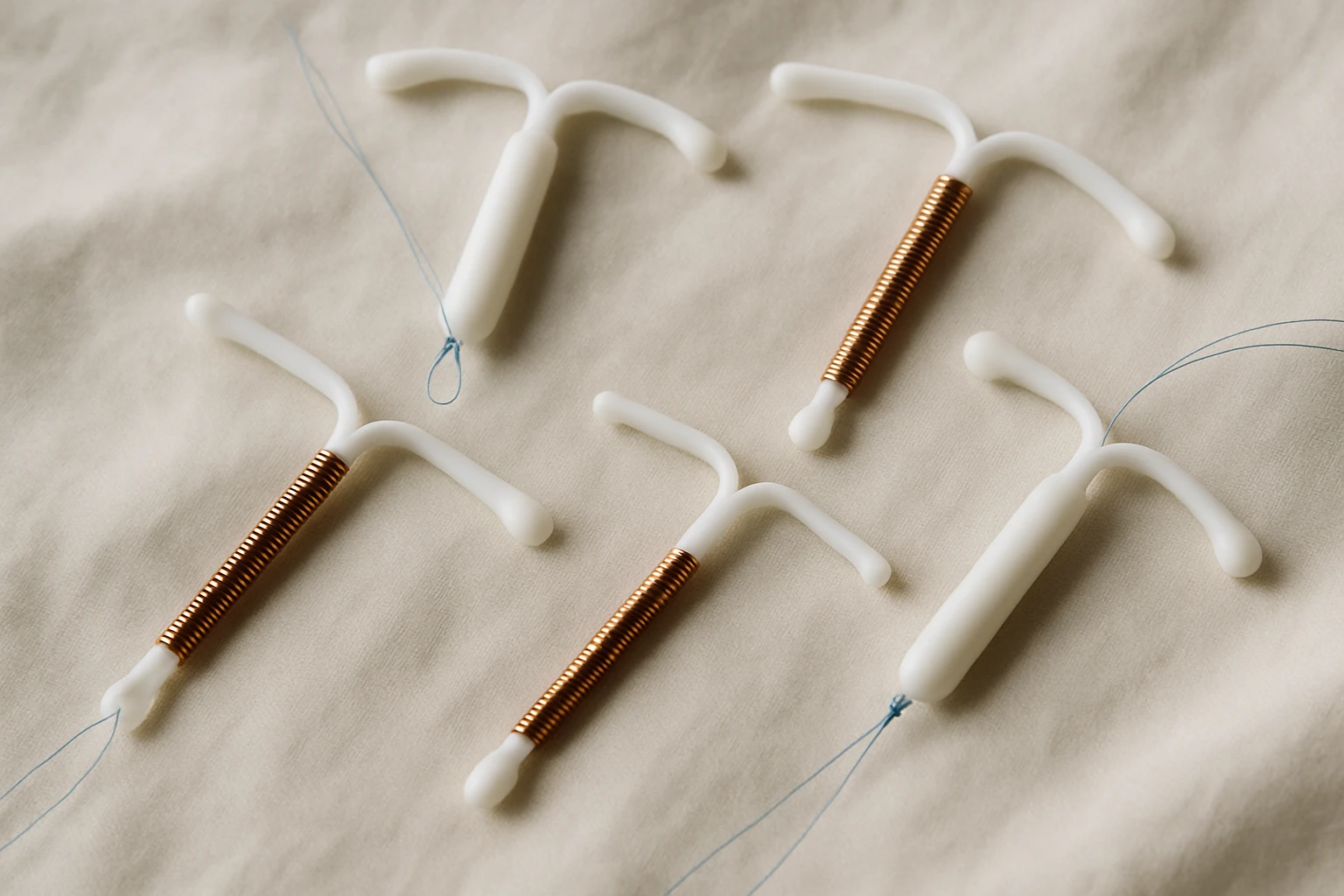 A close-up of various IUDs displayed on a soft, neutral fabric, showcasing both copper and hormonal types in their distinct shapes and materials.