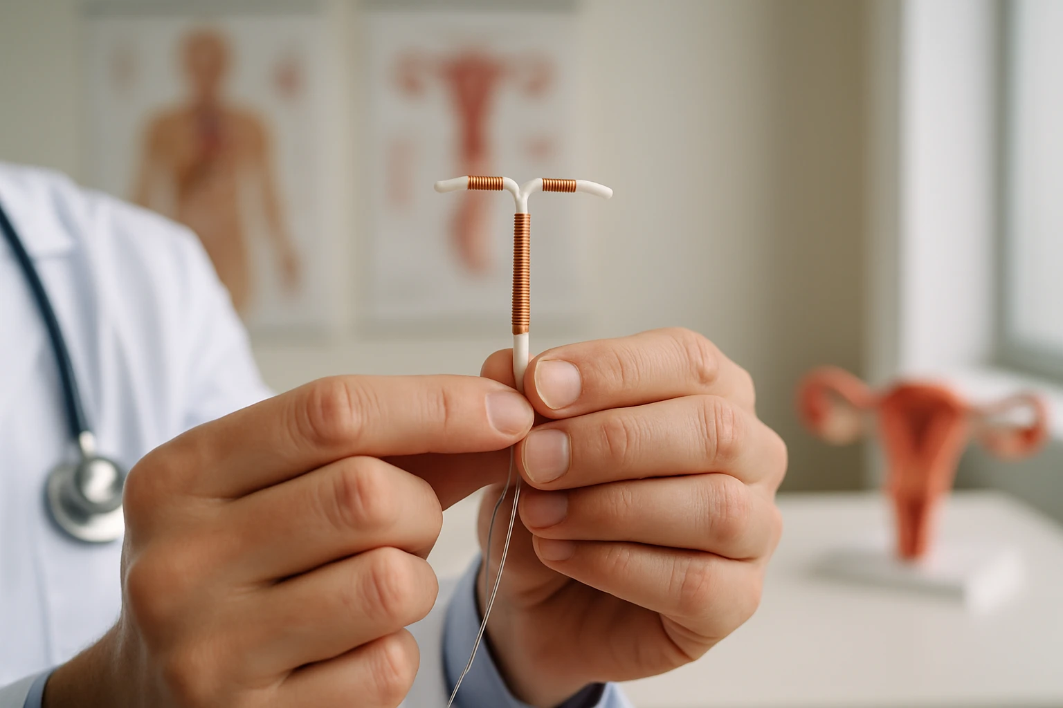 A doctor's hands holding a copper IUD up close against a backdrop of a medical consultation room featuring anatomical charts and a model of the female reproductive system.