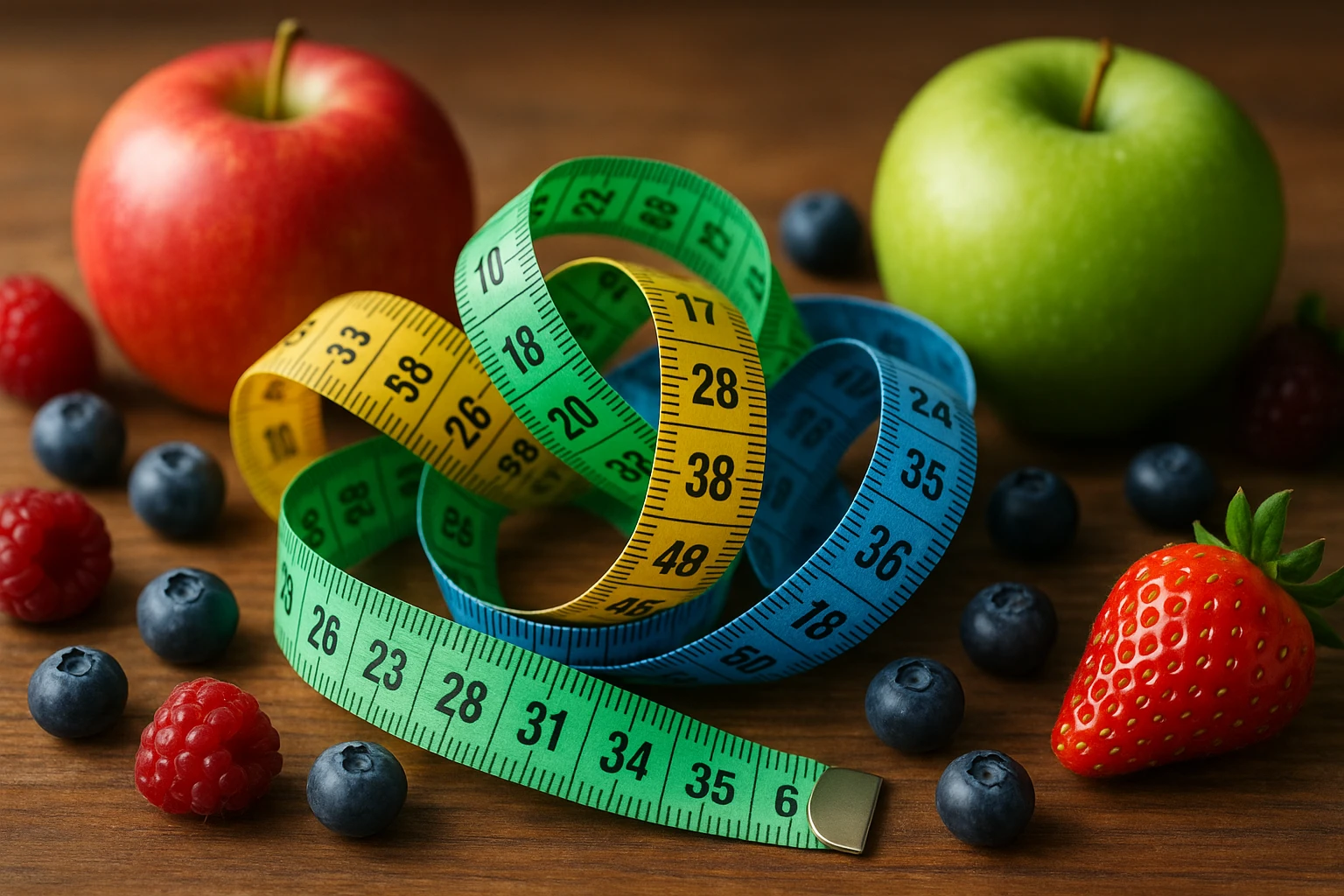 A series of colorful measuring tapes twisted together, surrounded by fresh fruits like apples and berries, set on a wooden kitchen table to symbolize balanced nutrition in weight management programs.