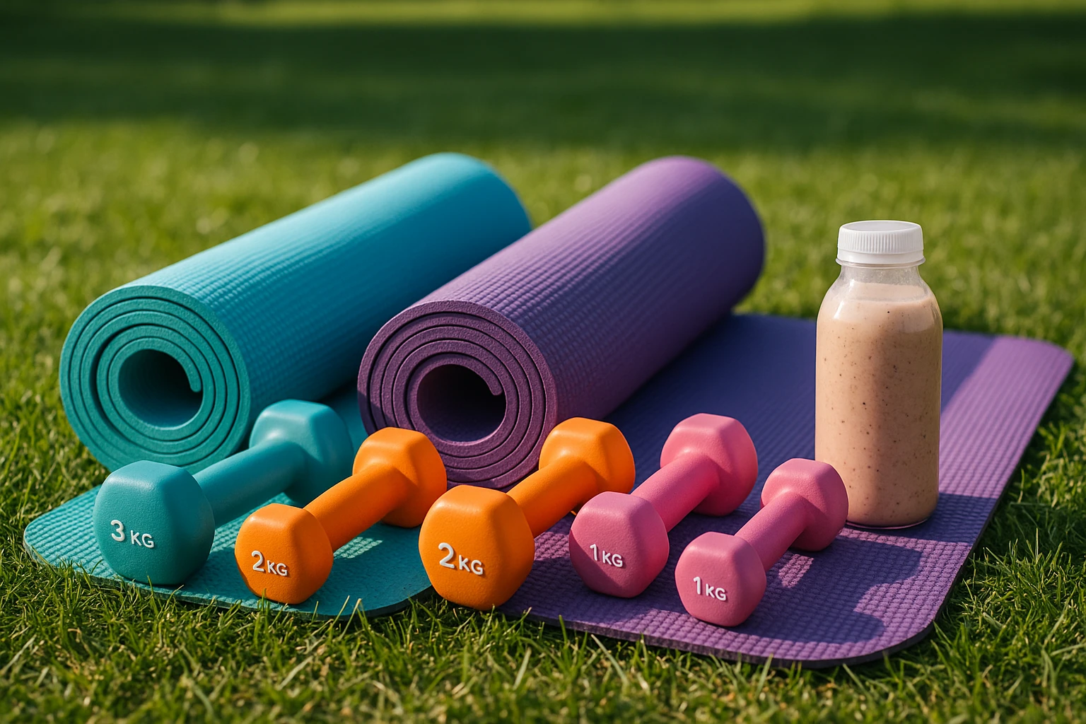 A set of colorful, varied dumbbells and yoga mats neatly arranged on a grassy park lawn, with a smoothie bottle beside them, symbolizing the blend of exercise and nutrition in weight management programs.