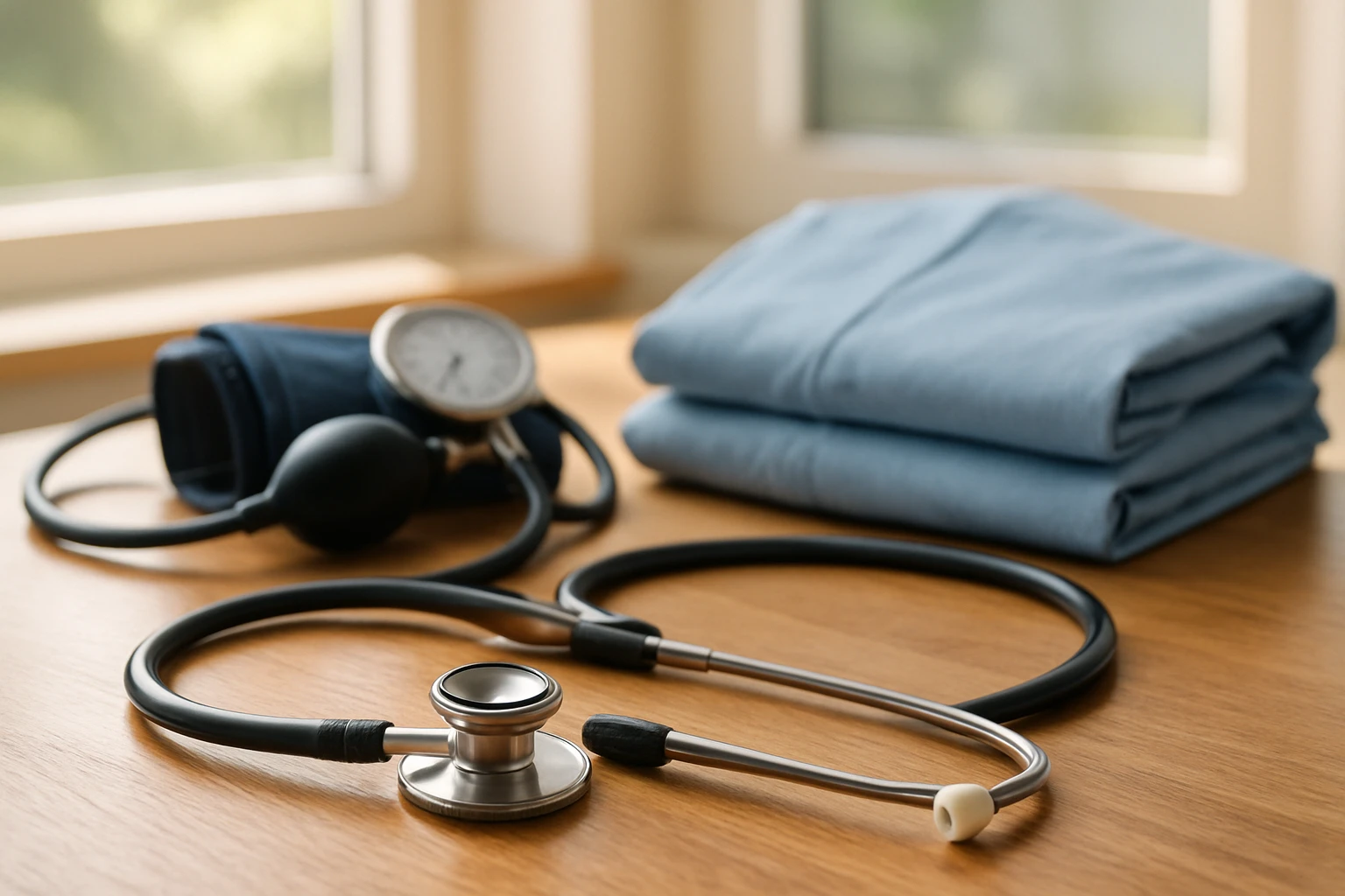 A stethoscope resting on a clean wooden table next to a blood pressure cuff and a neatly folded medical gown, with a sunny window casting soft light over the scene, symbolizing the inviting, preventive nature of an annual physical.