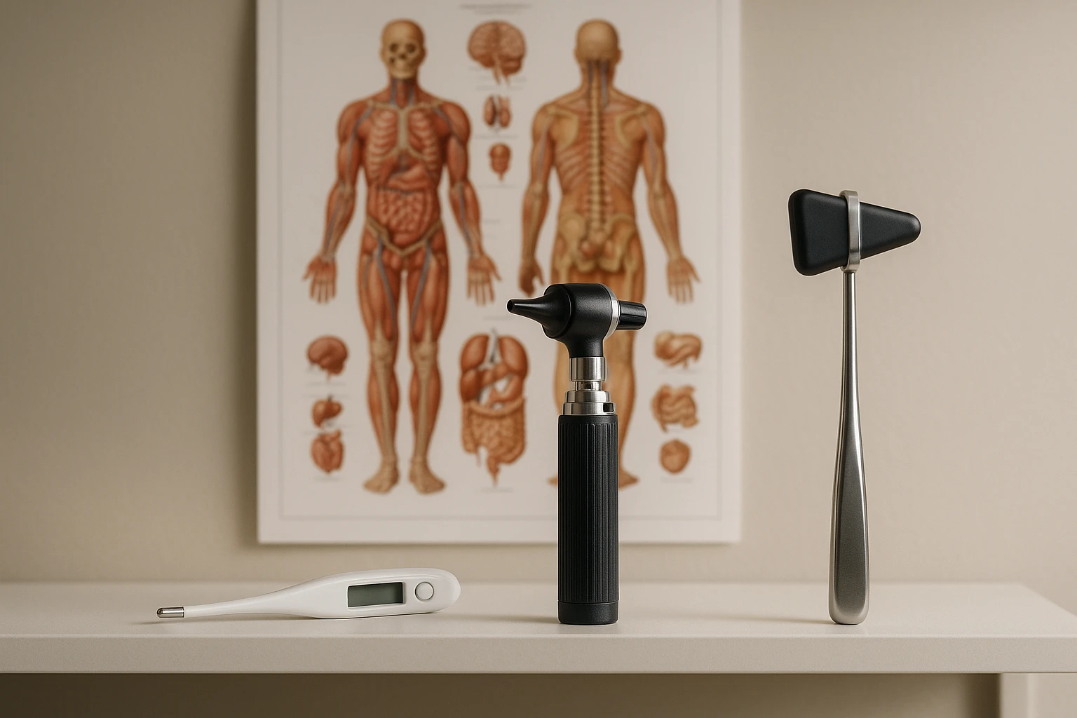 A shelf lined with medical instruments such as a thermometer, otoscope, and reflex hammer, with a detailed anatomical poster of the human body on the wall behind, illustrating a doctor's office focused on comprehensive health check-ups.