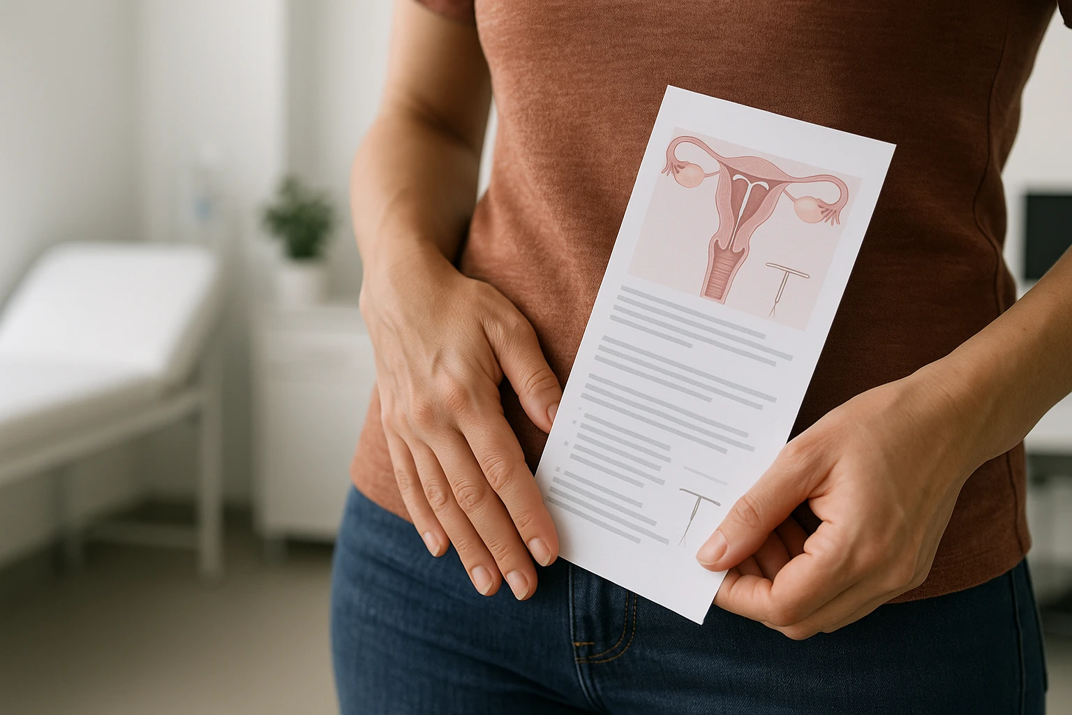 A close-up of a woman's hand gently touching her lower abdomen while holding an informational leaflet about IUDs, with a medical office setting in the background.