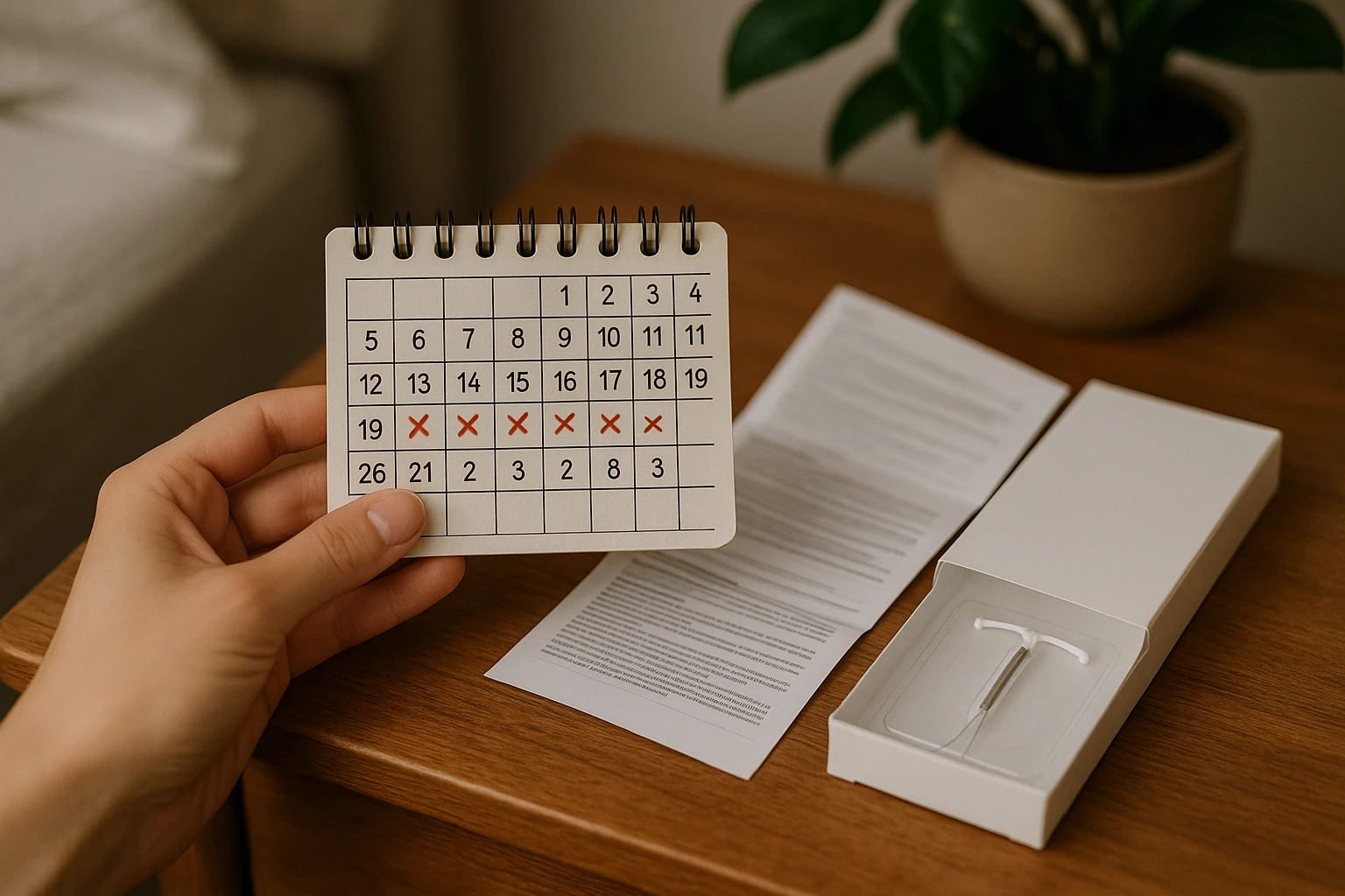 A hand holding a small calendar marked with dates tracking menstrual cycles, placed beside an unopened IUD box and instruction leaflet, set on a wooden bedside table with a plant in the background.