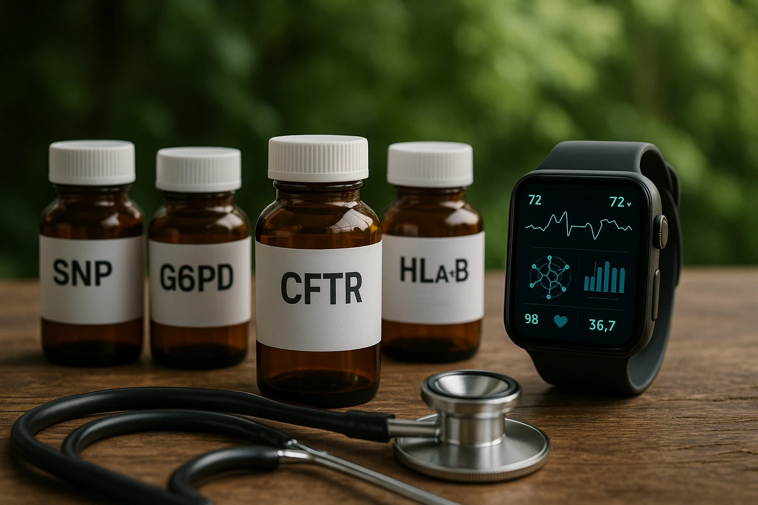 A collection of personalized medicine bottles, each labeled with different genetic markers, sits on a rustic wooden table beside a stethoscope and a smartwatch displaying health data overlays against a backdrop of lush green foliage.