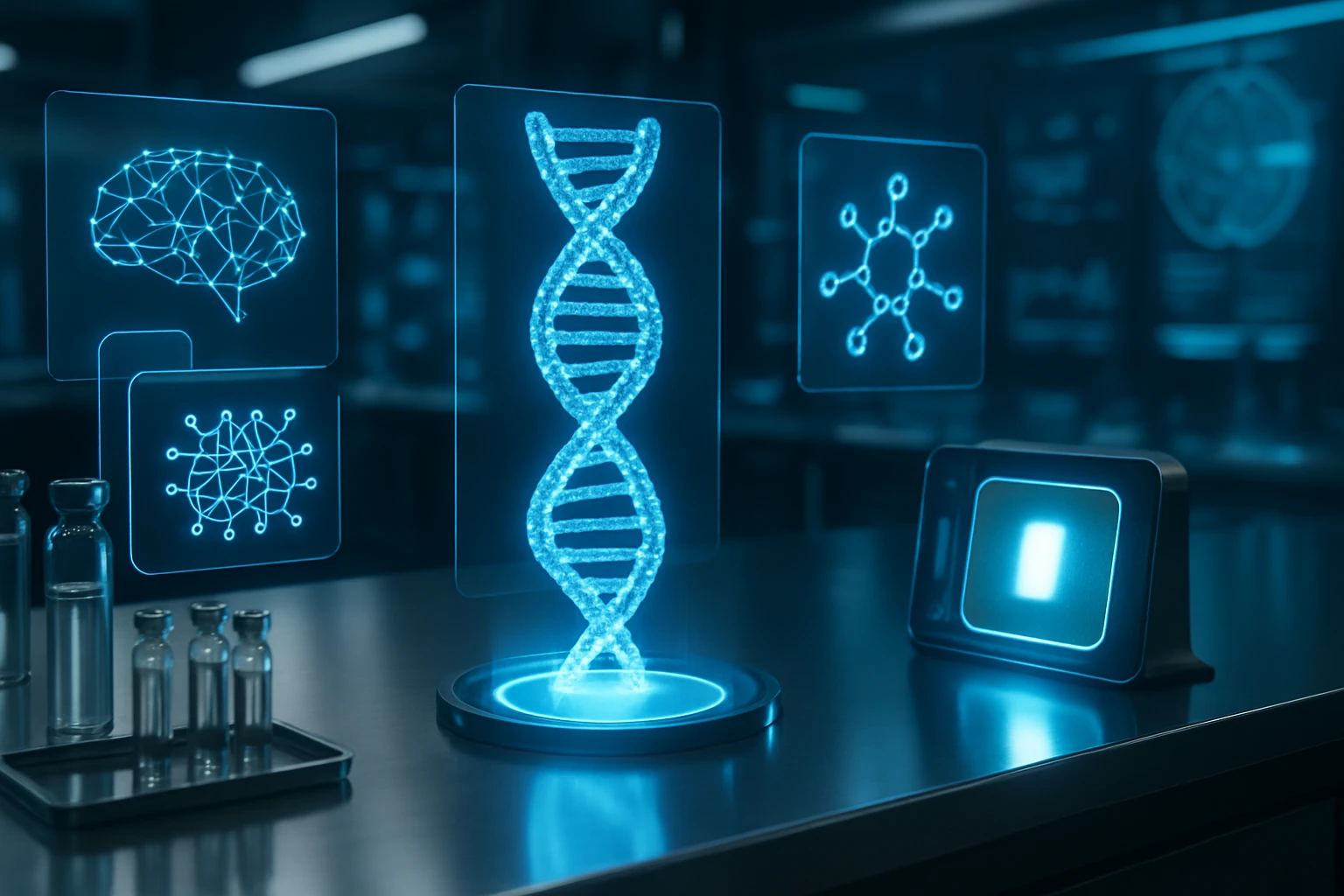 A futuristic medical lab with holographic displays projecting a 3D model of DNA strands alongside floating icons of AI algorithms and neural networks, surrounded by sleek, glass vials and a glowing biometric scanner on a metallic table.