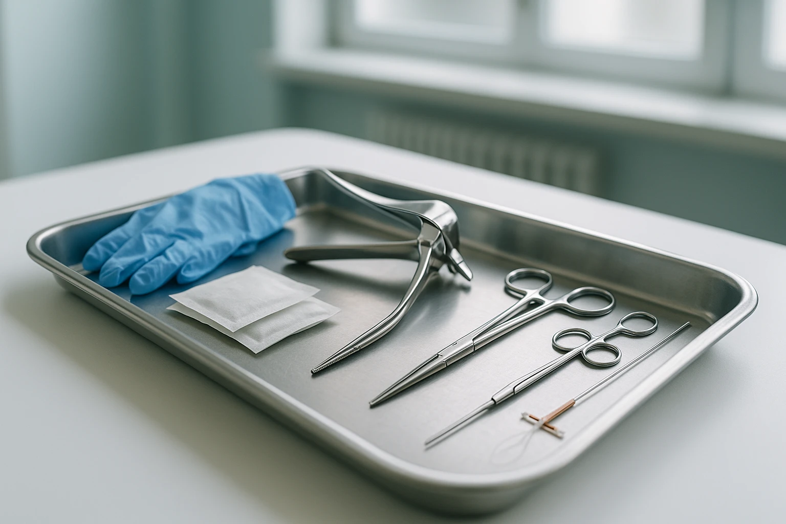 A sterile medical tray in a brightly lit clinic room holds an array of instruments such as forceps, gloves, and antiseptic wipes, prepared for the removal of an intrauterine device, with a focus on the precision tools used in the procedure.