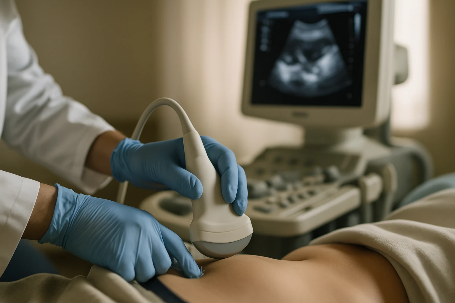 A close-up of a doctor’s gloved hands carefully adjusting an ultrasound machine's probe near a patient’s abdomen in a softly lit clinic room, with a monitor displaying a black and white sonographic image used to guide a challenging IUD removal.