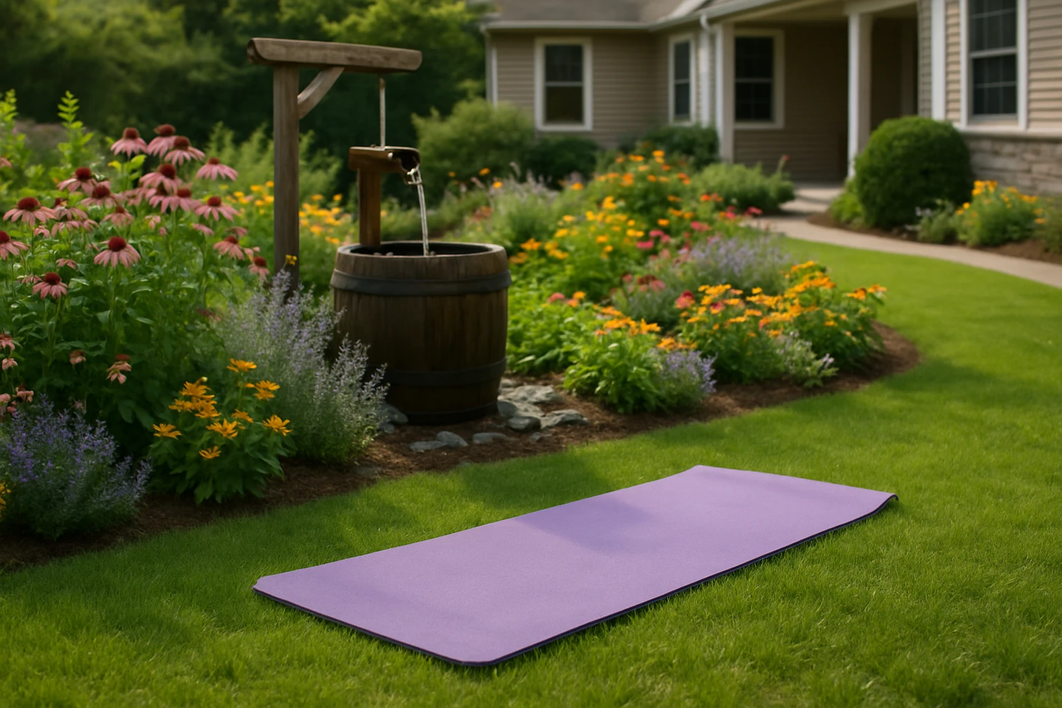 A tranquil outdoor scene at a Maryland wellness center featuring a serene garden with a yoga mat laid out on a lush lawn, surrounded by colorful flowers and a wooden fountain gently trickling water in the background.