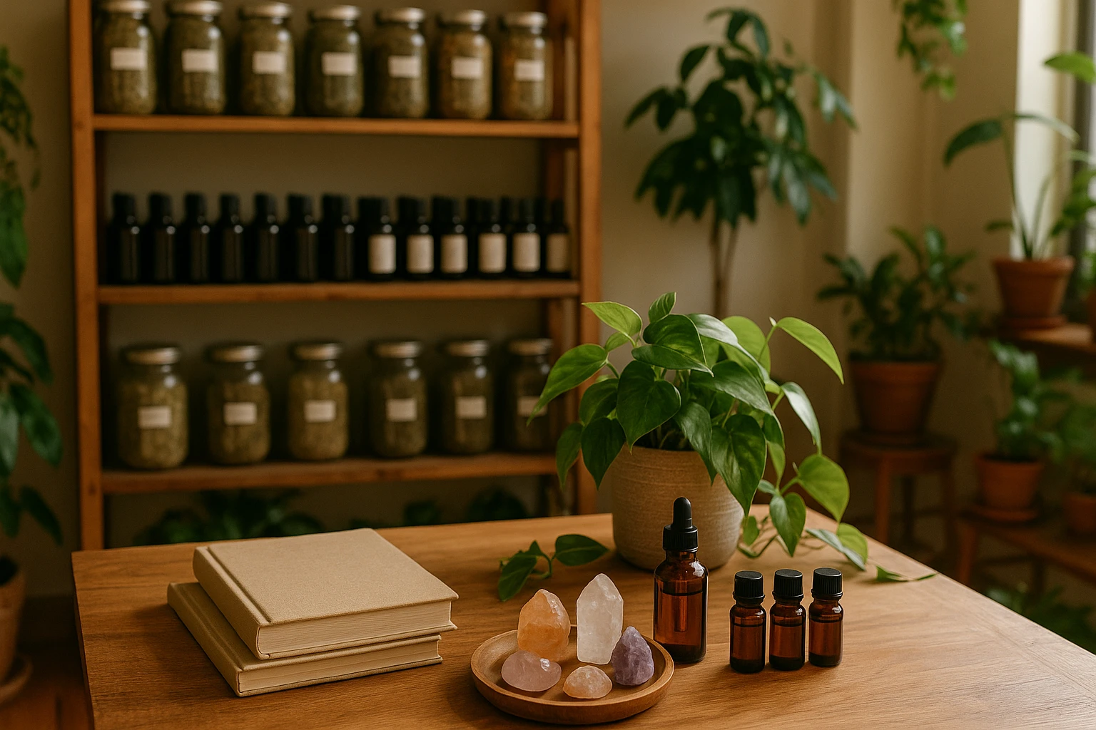 Inside a Maryland wellness center, herbs and essential oils are displayed neatly on wooden shelves, alongside crystals and wellness journals on a cozy, plant-filled table, creating a harmonious setting for personalized healing practices.