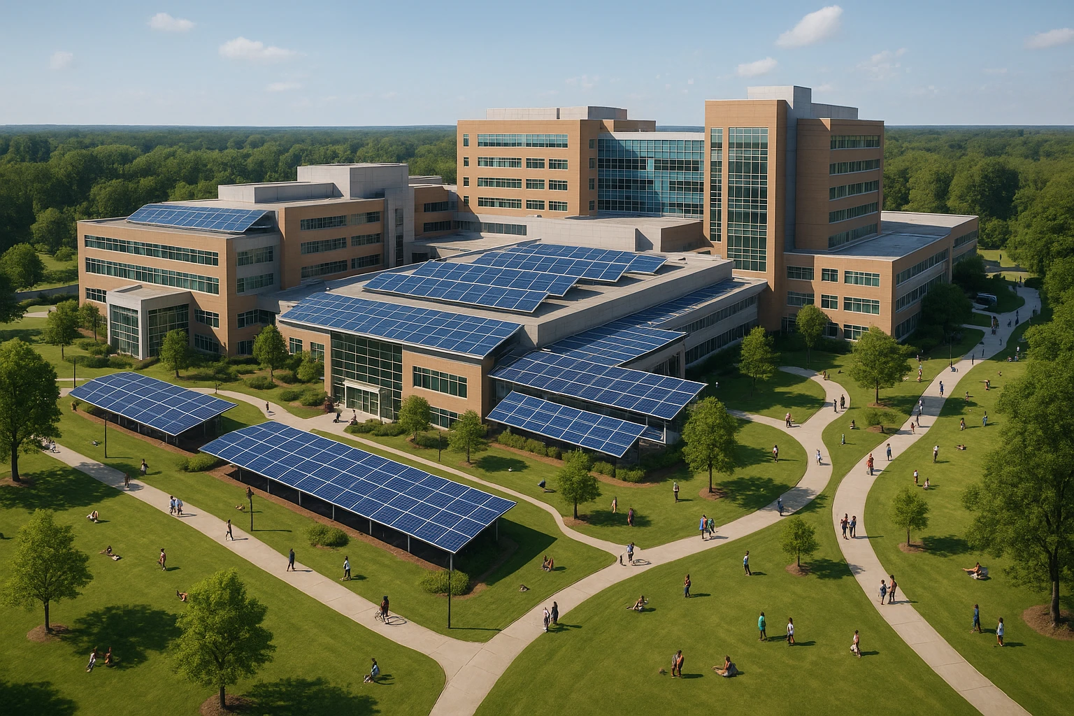 Aerial view of a modern hospital complex in Maryland surrounded by green spaces, with solar panels visible on rooftops and pathways filled with diverse community members engaging in outdoor activities.