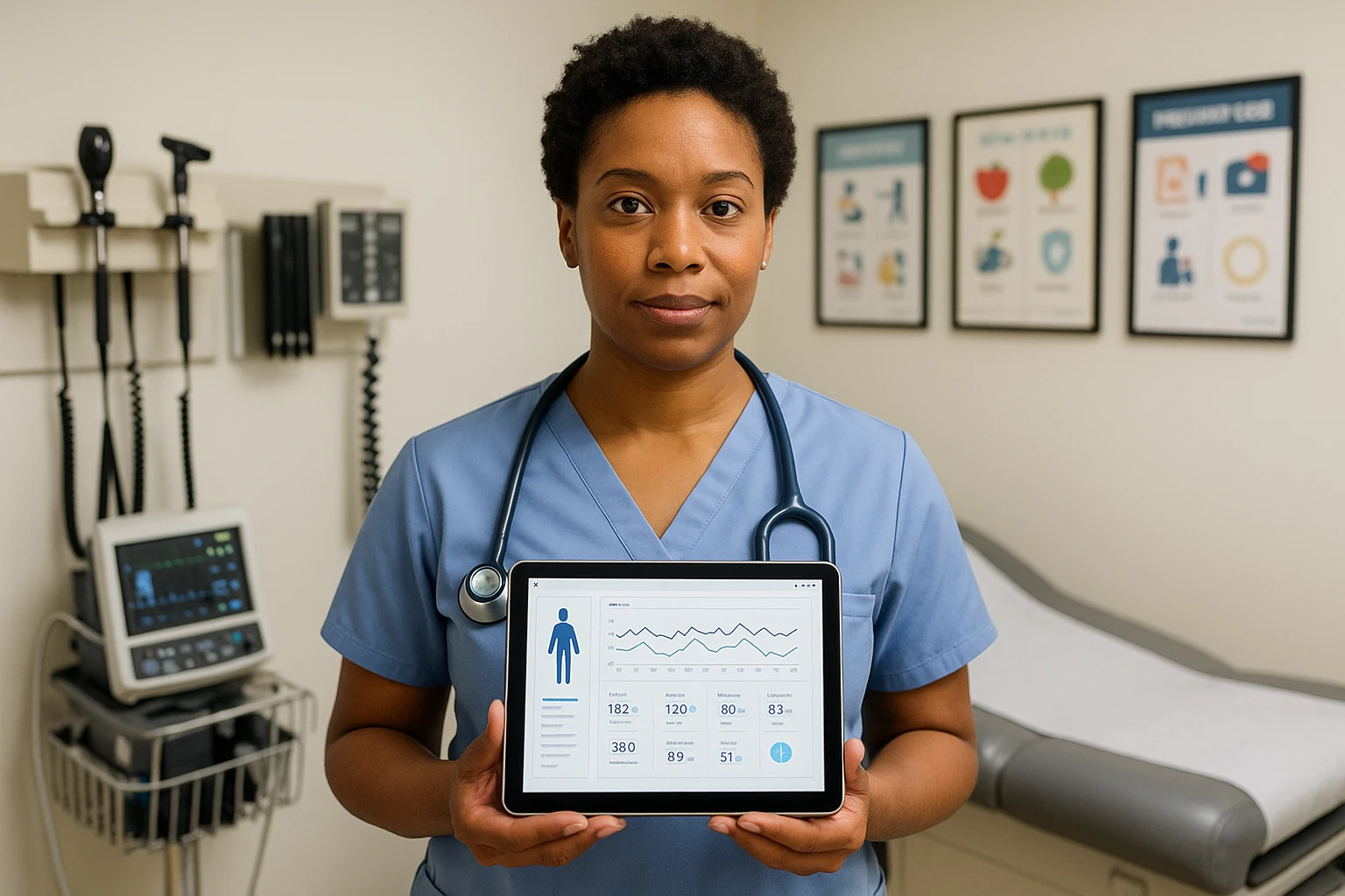 A health professional in a Maryland clinic holding a tablet with a digital chart displaying patient data, surrounded by medical equipment and posters promoting preventative care strategies.