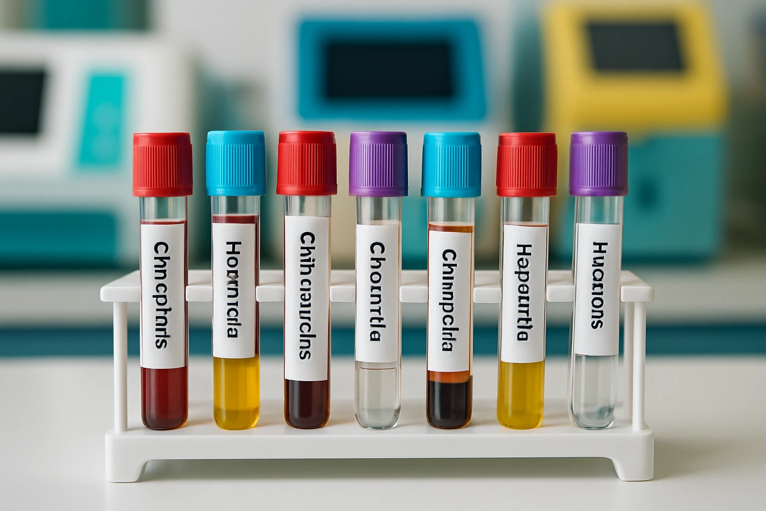 A medical laboratory setting with a close-up of a test tube rack holding various labeled vials for STI testing; in the background, colorful diagnostic equipment is visible, emphasizing the clinical environment.