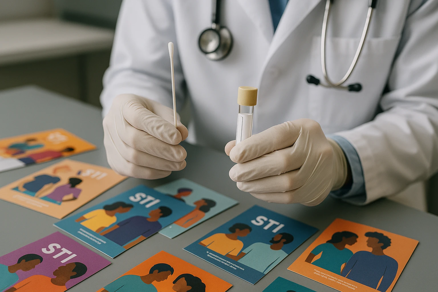 A close-up of a doctor's gloved hands holding a swab beside a small, labeled test collection kit, with a diverse set of colorful informational pamphlets about STI testing scattered on a clinic table in the background.