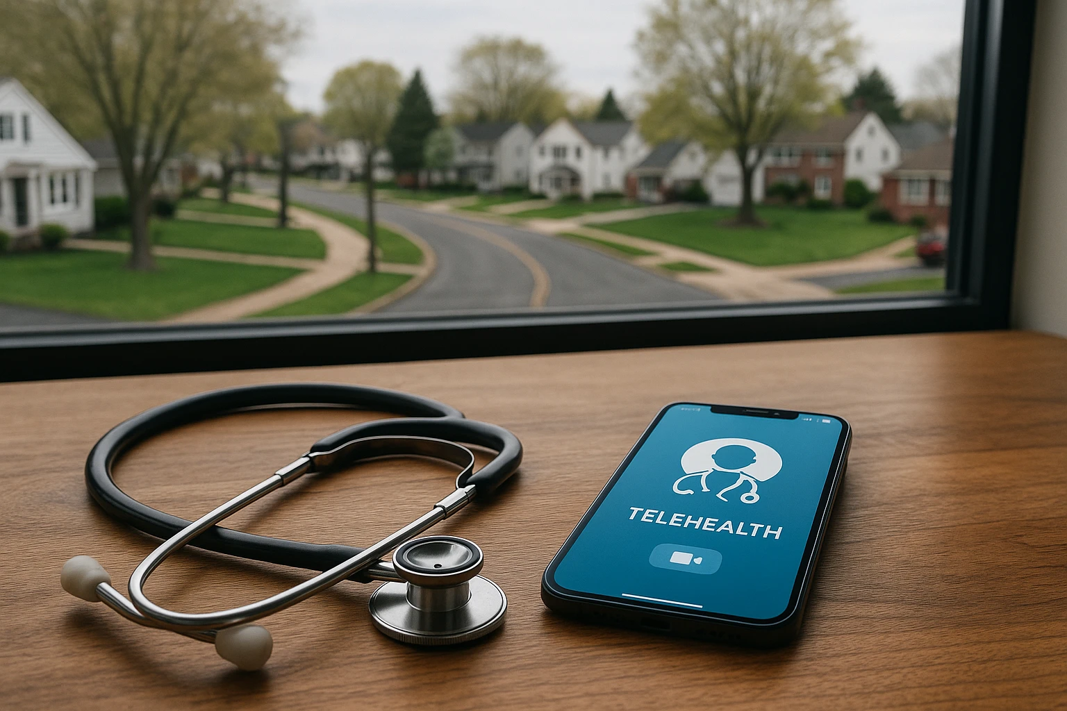 A stethoscope laying on a wooden table next to a smartphone displaying a telehealth app, with a backdrop of Glen Burnie's suburban streets visible through a window.
