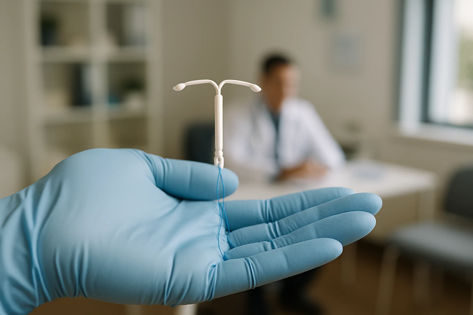 A close-up of an IUD on a doctor's gloved hand with a medical consultation room in the background, emphasizing the importance of professional guidance in timing the insertion.