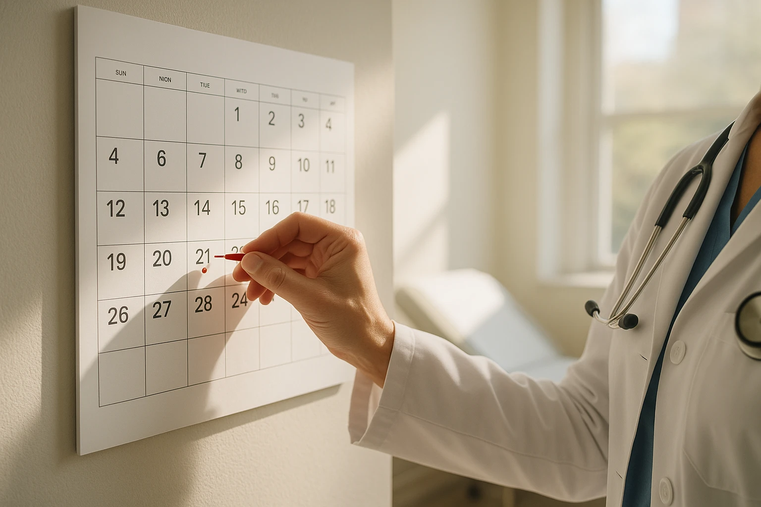 A doctor's hand adjusting a wall calendar in a sunlit examination room, marking the optimal days for IUD insertion with a small red dot.