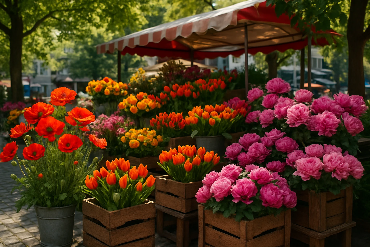 A vibrant street market stall in Berlin showcases an array of colorful flowers, with bursts of poppies, tulips, and peonies artfully arranged in rustic wooden crates under the shade of leafy trees.