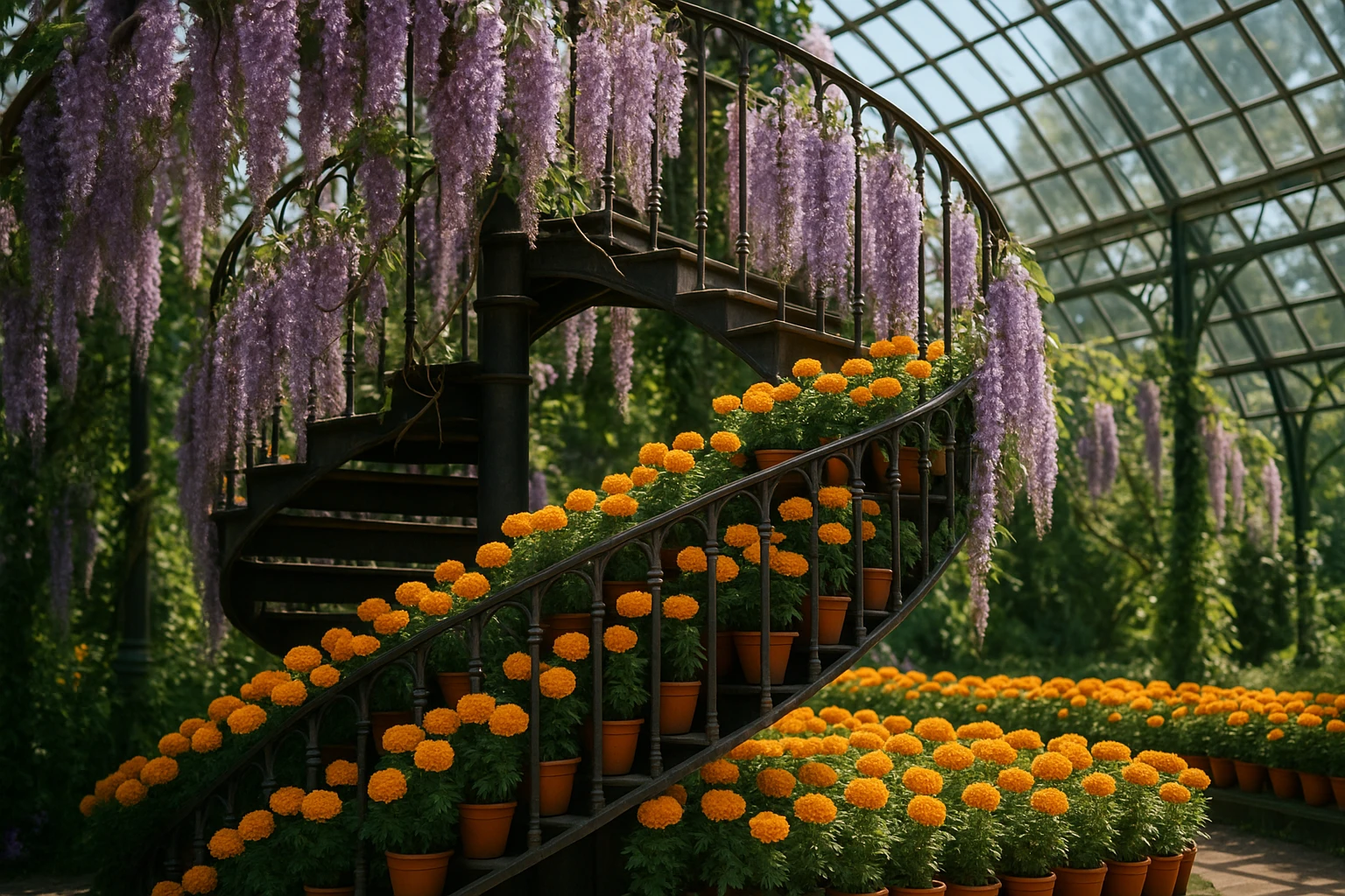 A close-up view of a vibrant floral installation at the Berlin Flower Show, featuring a spiral staircase adorned with cascading vines of wisteria and rows of potted marigolds, all set under a glass canopy with sunlight filtering through.