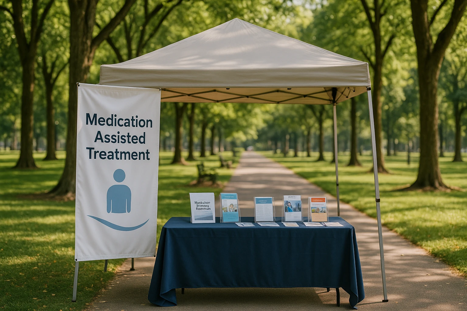 A serene tree-lined park in Glen Burnie features a community event booth, where a banner displays