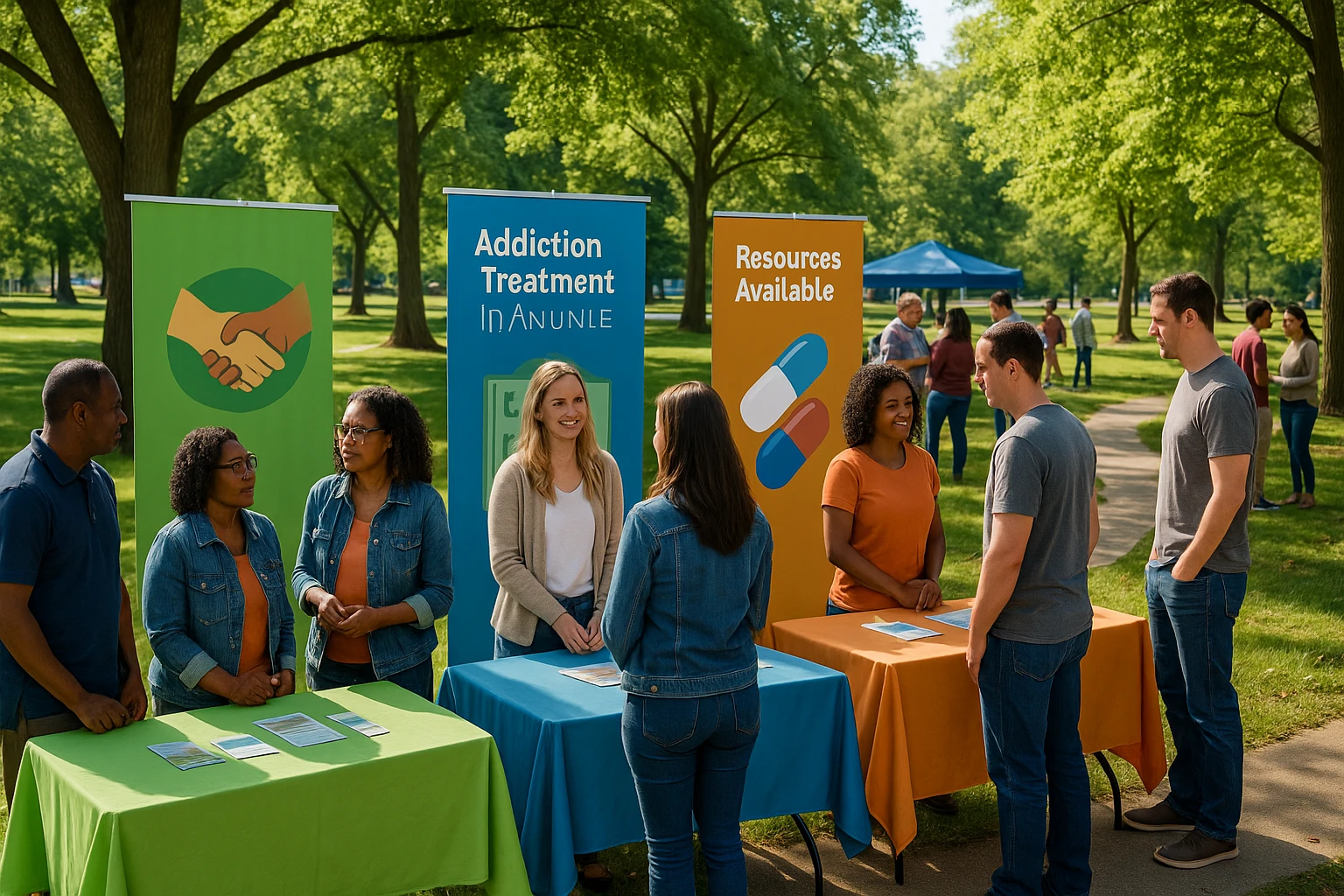 A tranquil park in Glen Burnie with a small community gathering, featuring informational booths on addiction treatment; colorful banners display resources available in Anne Arundel County, surrounded by people engaging in supportive discussions.