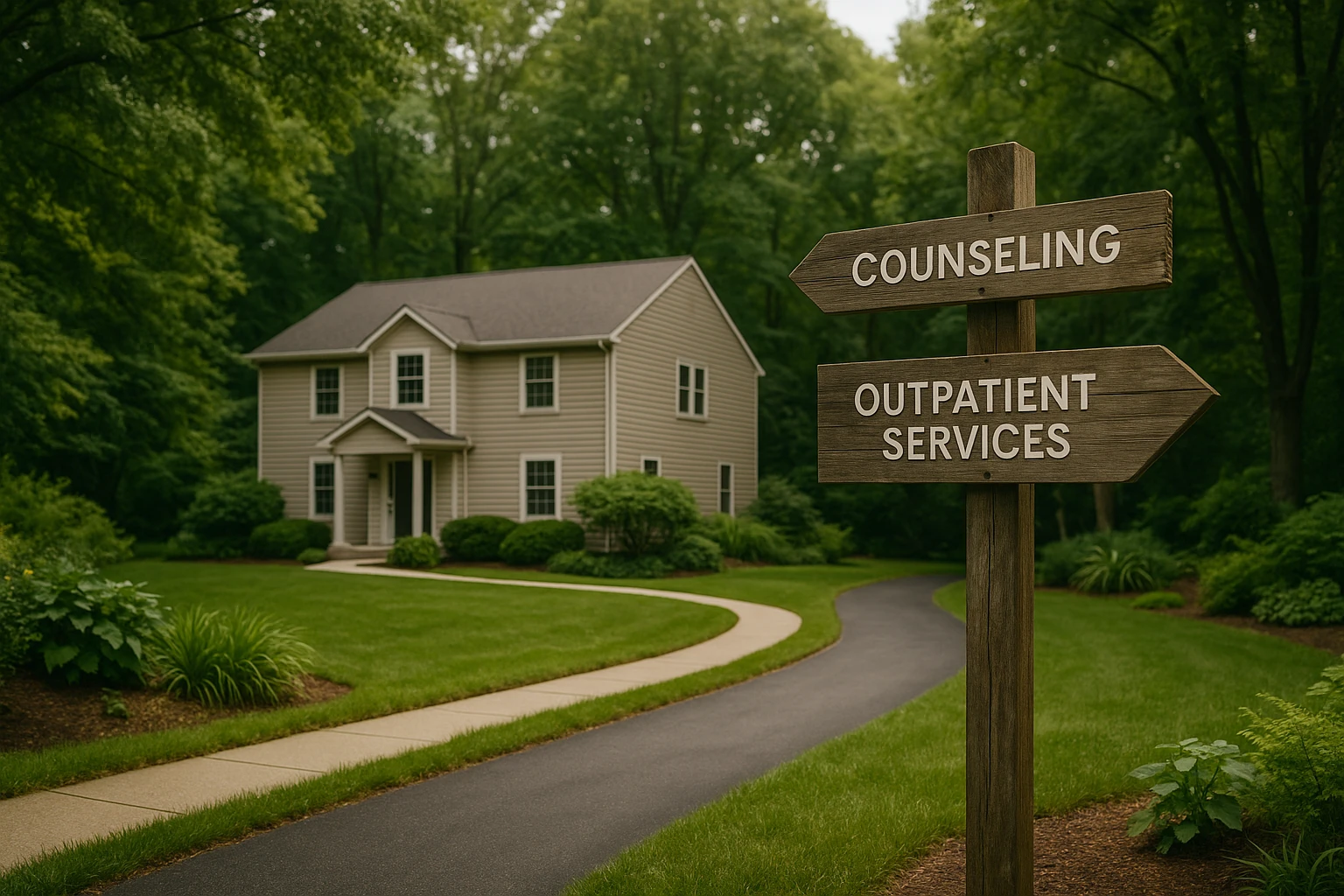 A serene view of a counseling center in Glen Burnie, MD, surrounded by lush greenery and featuring a wooden signpost with arrows pointing towards