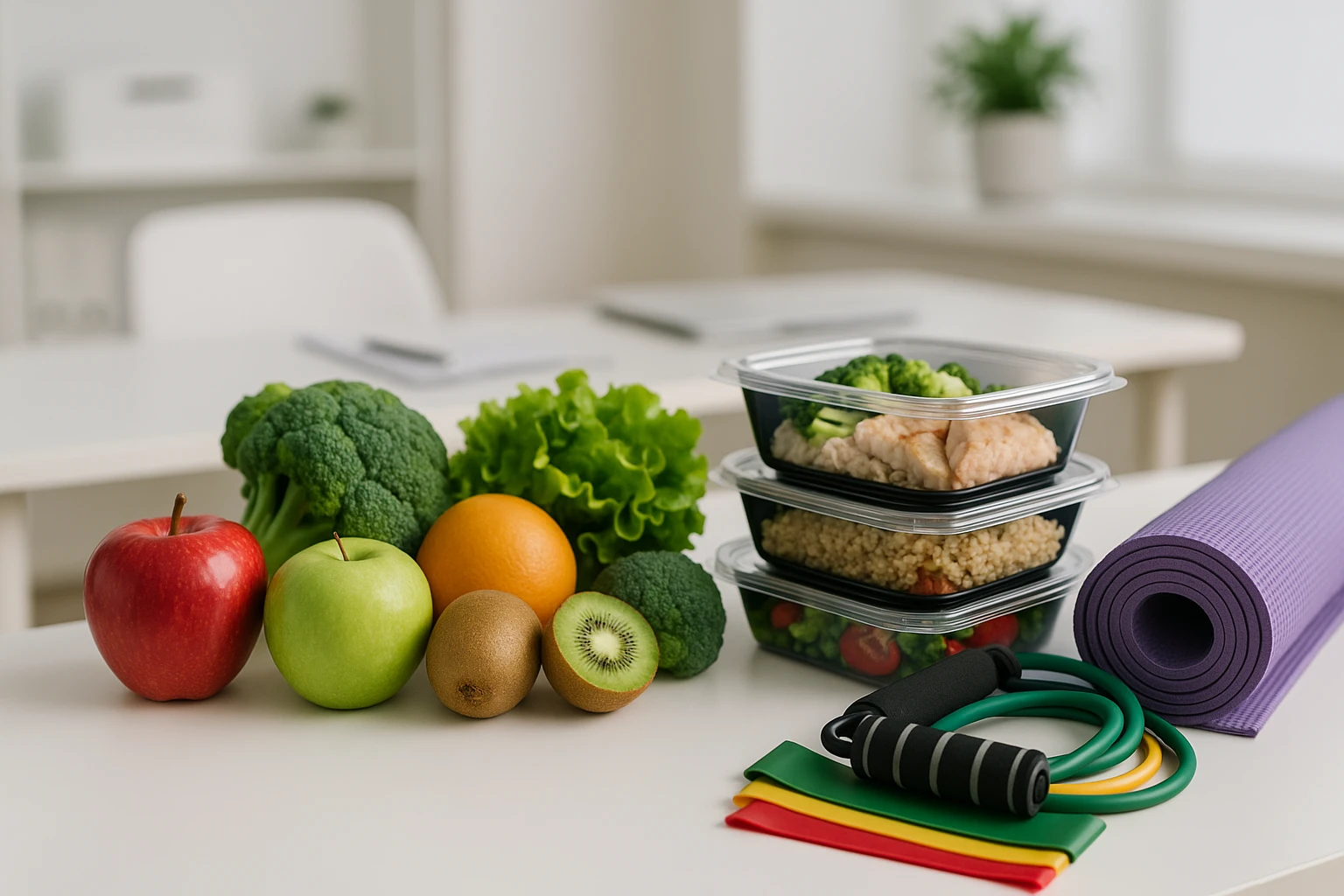 A nutritionist's table in the clinic with various healthy food items like fresh fruits, vegetables, and pre-measured meal containers, alongside fitness equipment like resistance bands and a yoga mat, emphasizing a balanced approach to weight management.