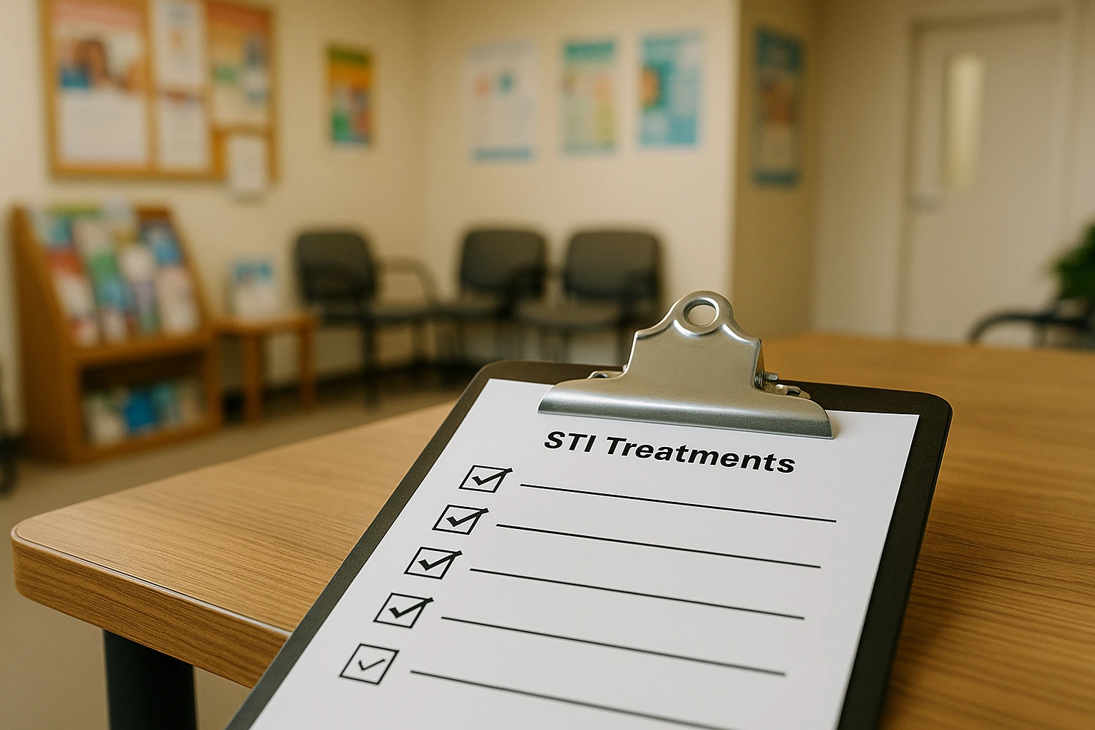A close-up of a clipboard with a checklist of STI treatments, resting on a wooden table, with a background of a friendly healthcare clinic waiting room in Glen Burnie, featuring pamphlets and informational posters on the walls.