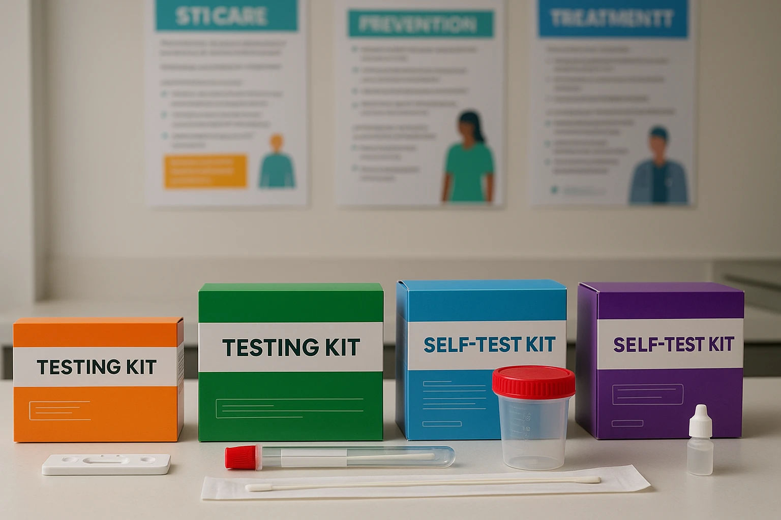 A row of various medical testing kits and supplies on a clean, white counter in a Glen Burnie clinic, with brightly labeled boxes and instructions visible, set against a backdrop of informational brochures about STI prevention and treatment.