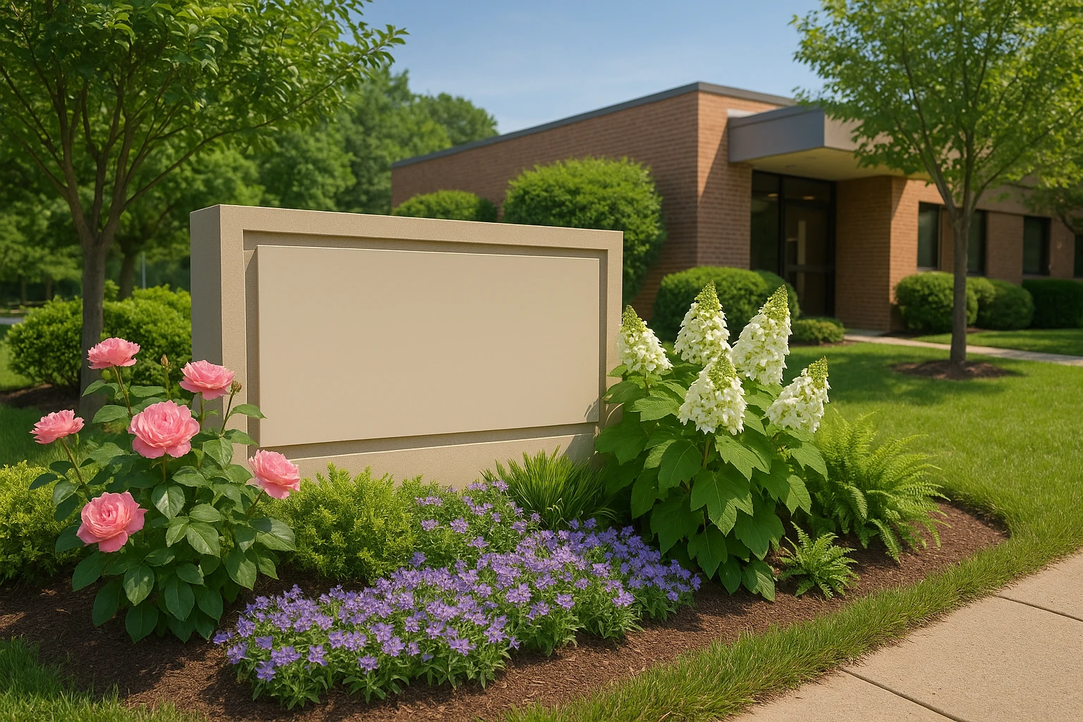 A serene garden outside the Women's Health Clinic in Glen Burnie, MD, with a focus on a welcoming sign featuring lush flowers and greenery, symbolizing the holistic and empathetic care provided within.